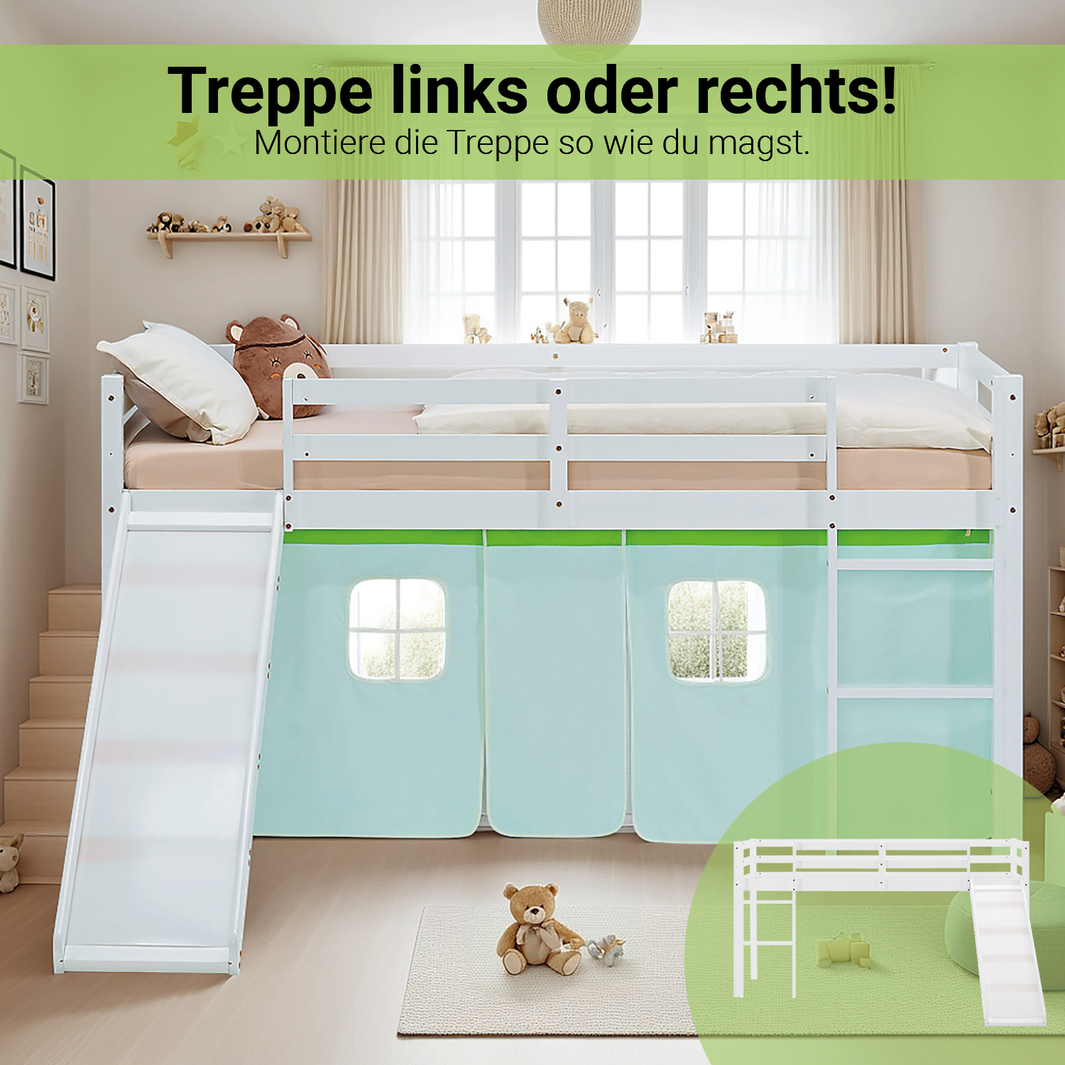 Loft Bed for Kids 90x200 cm White with Curtain in Green | Slide | with Slatted Frame