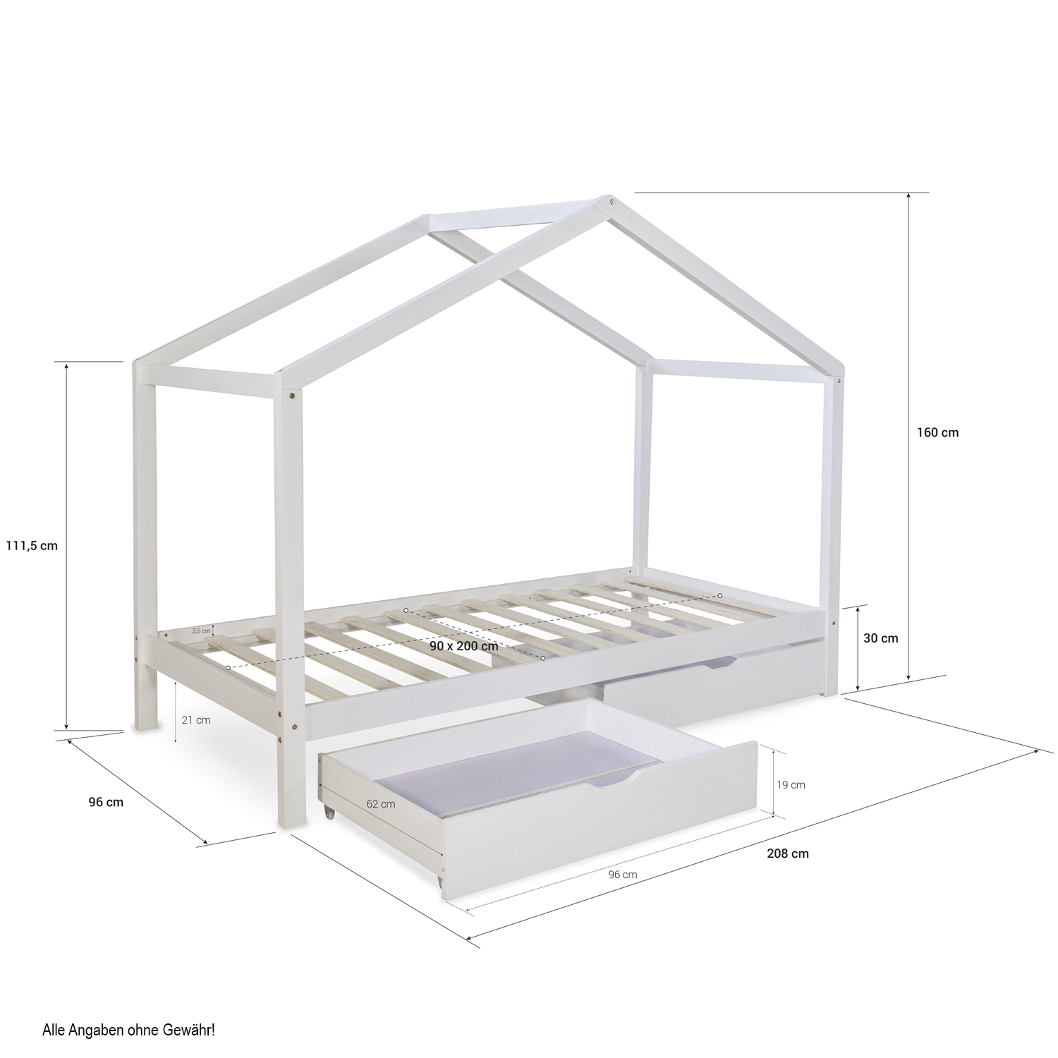 Children's Bed with mattress 90x200 House Bed Kids Bed Wooden Bed Grey Cot Drawer