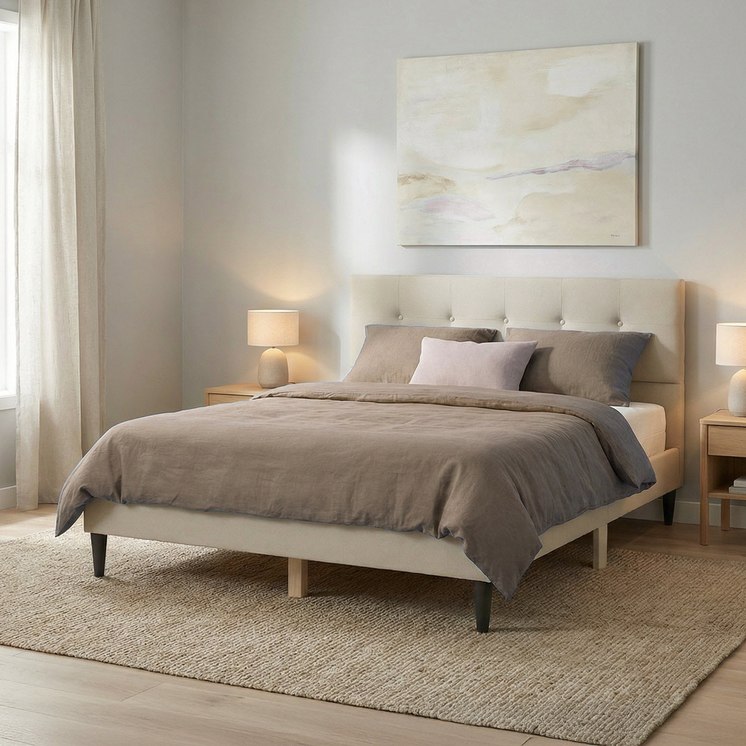 Upholstered bed 140x200 cm beige | with slatted frame | double fabric bed frame