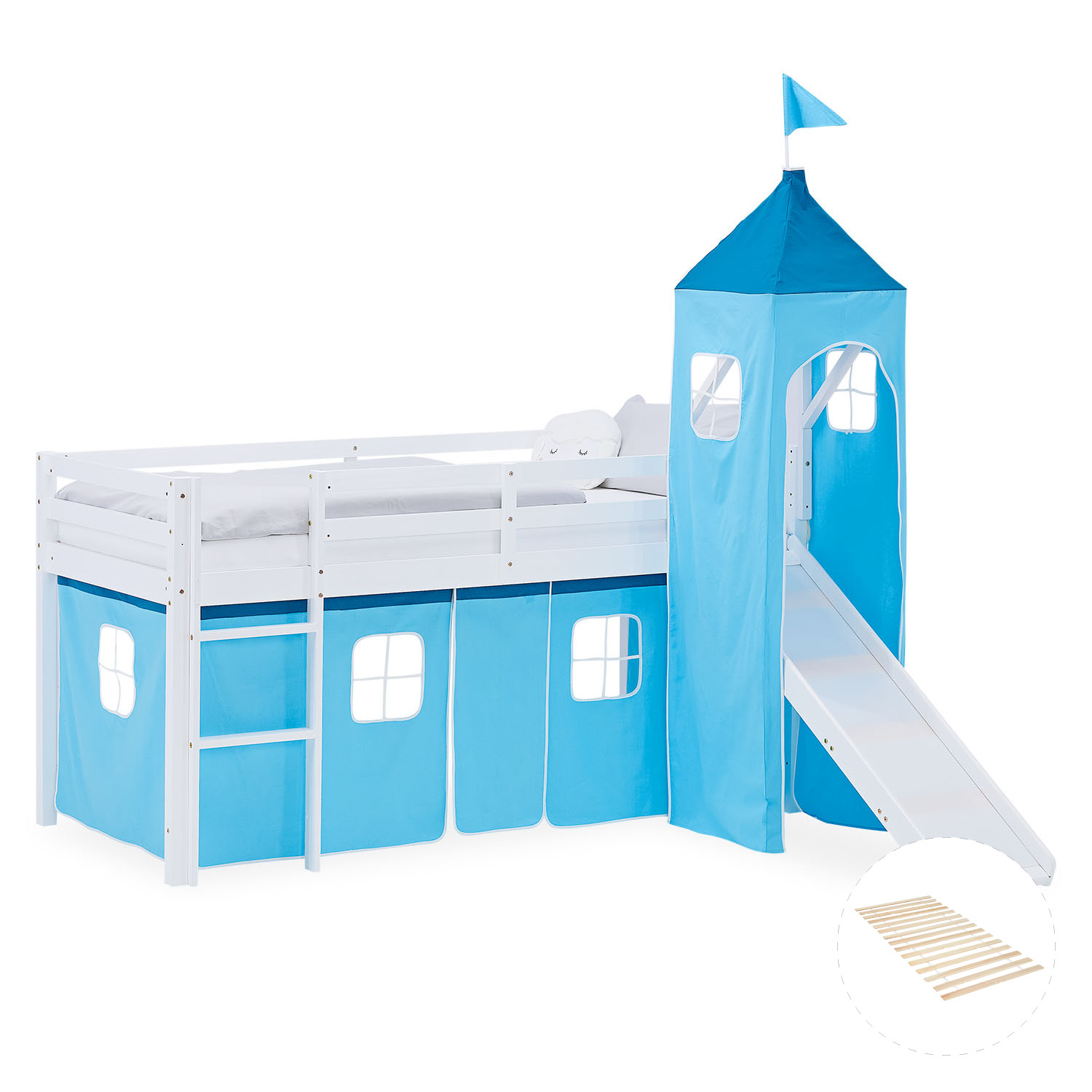Kinderhochbett in Blau mit Lattenrost, Rutsche, Spielturm und Spielvorhang. Der Artikel ist freigestellt auf weißem Hintergrund abgebildet. Sichtbare Details sind eine Leiter, seitliche Schutzgitter, ein Spielvorhang unter dem Bett, eine Rutsche und ein S