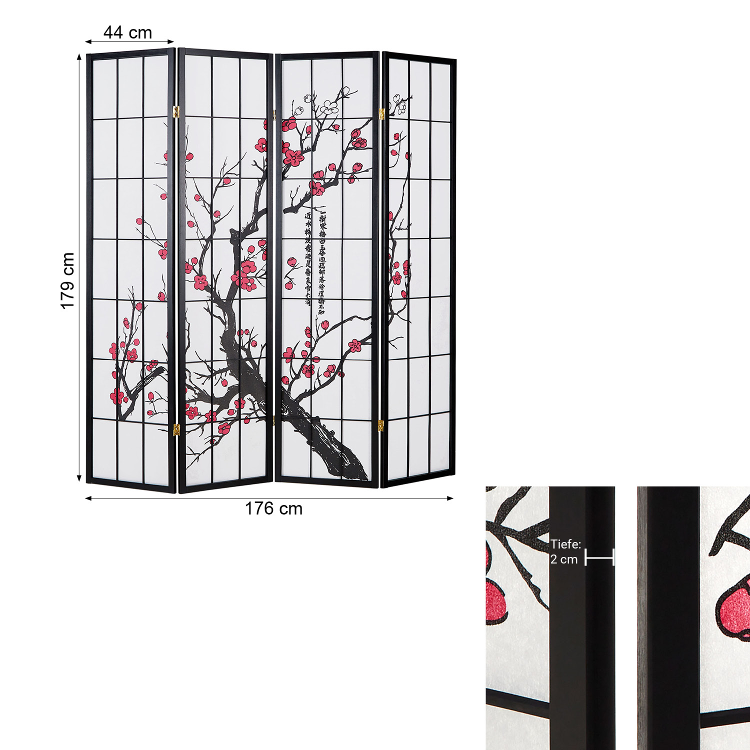 Paravent Black Cherry Pattern | Rice Paper White | 4-panel | Wood | Room Divider Partition Privacy Screen