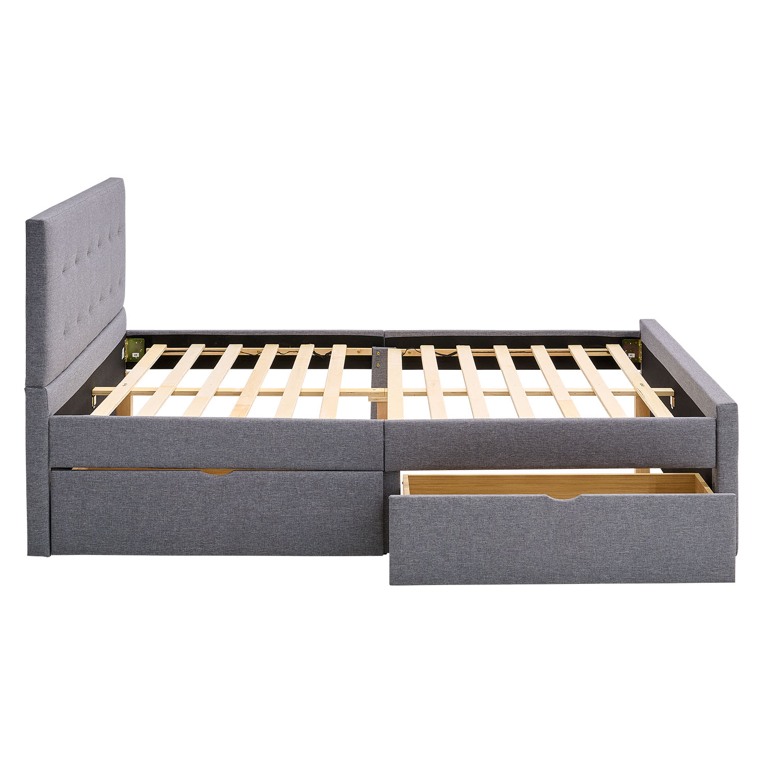 Upholstered bed 140x200 cm grey | with slatted frame | with 2 bed drawers | double fabric bed frame