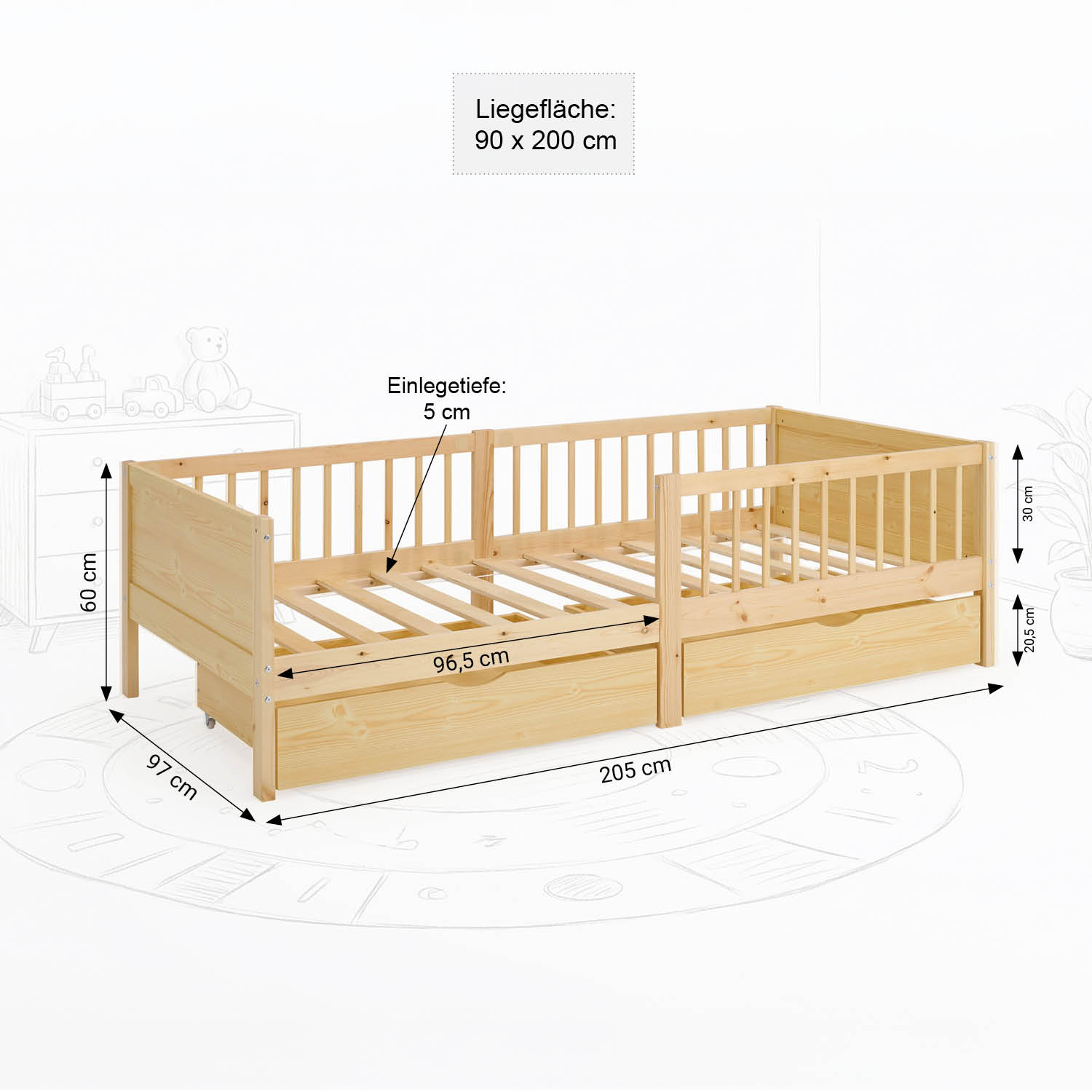 Children's Bed 90x200 cm Natural | Wooden bed with mattress | Single Bed | 2 drawers | Fall Protection