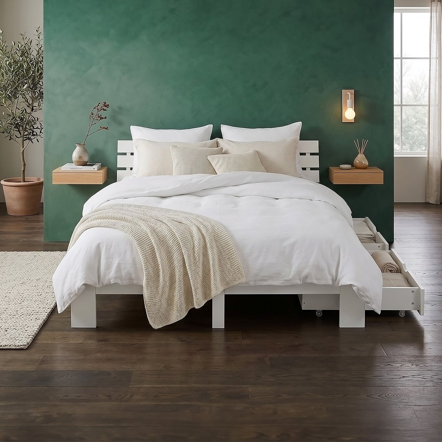 Wood Bed 160x200 cm White | Double Bed with Storage 2 Drawers | with Mattress | Solid | Youth Guest Bedroom