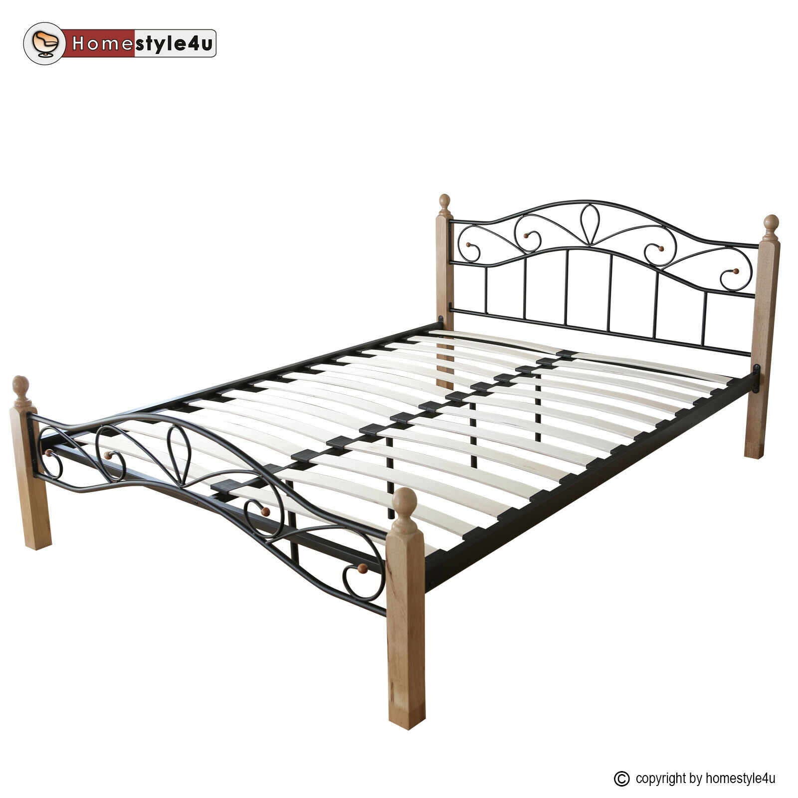 Metal Bed Iron Bed Double 160 x 200 Wood Slatted black natural bed frame 920 Metal Bed Iron Bed Double 160 x 200 Wood Slatted black natural bed frame 920