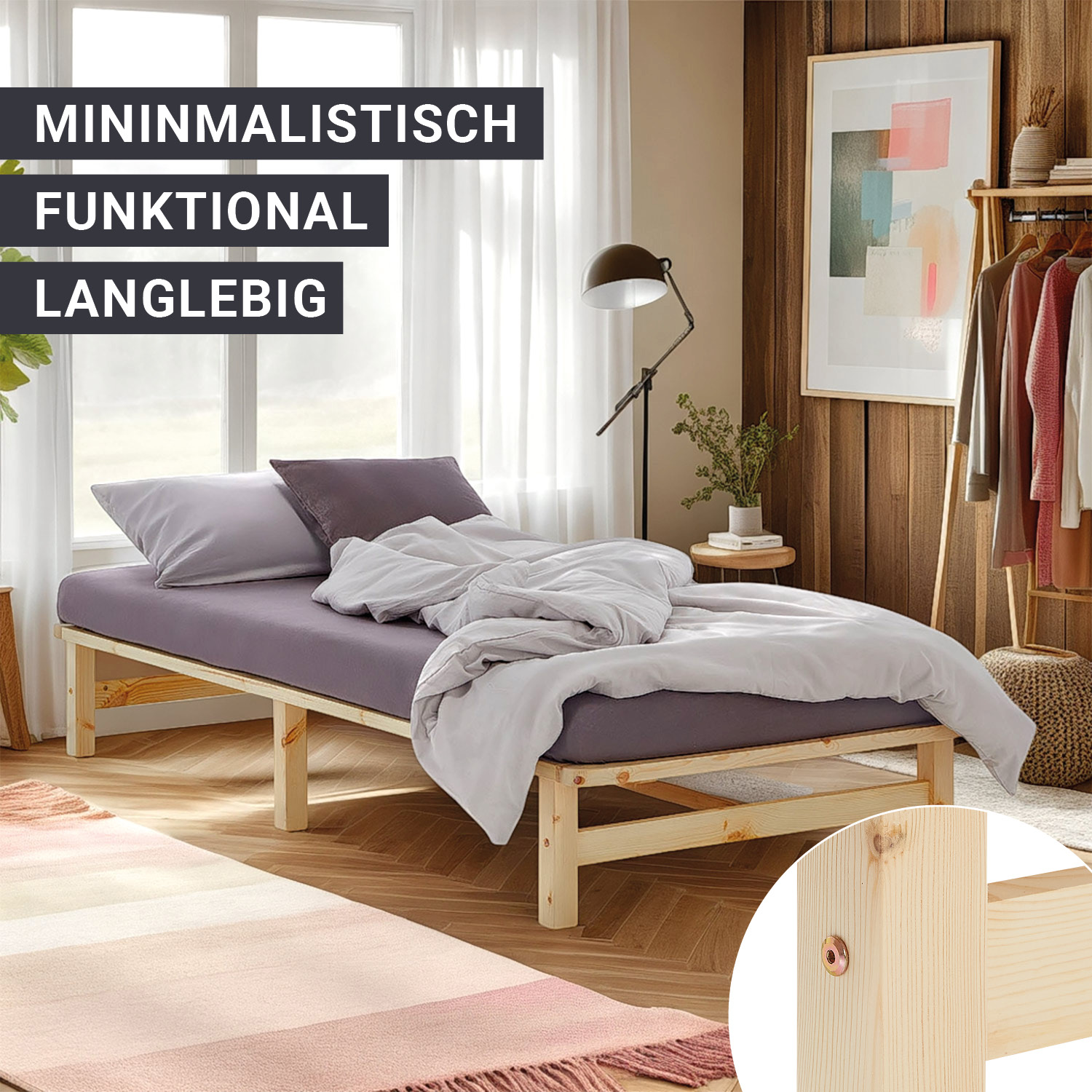 100x200 cm Natural Pallet Bed with Slatted Base – Solid Wood Single Bed for Teenagers', Guest, and Master Bedrooms