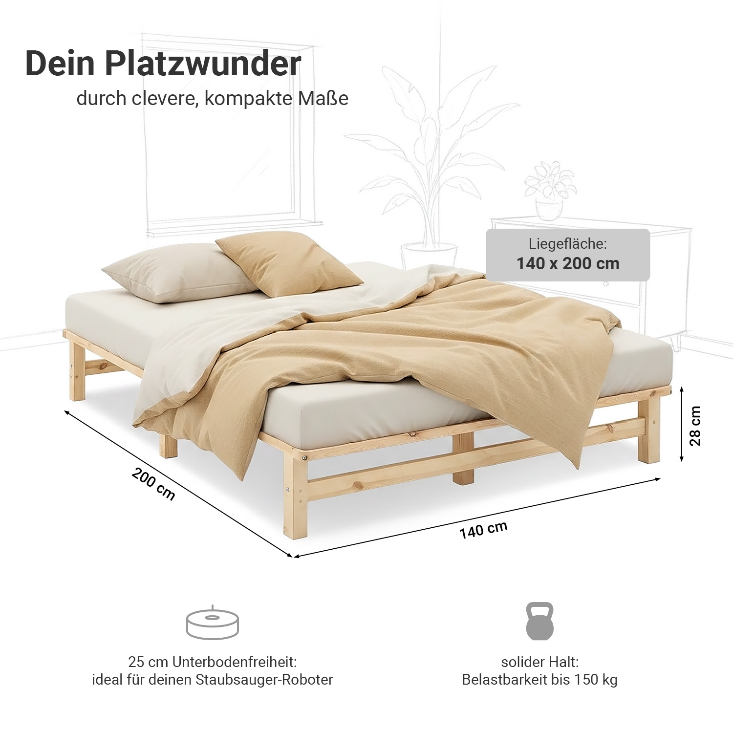 140x200 cm Natural Pallet Bed – Wooden Double Bed with Mattress & Slatted Base for Teen Rooms, Guest Rooms, and Bedrooms