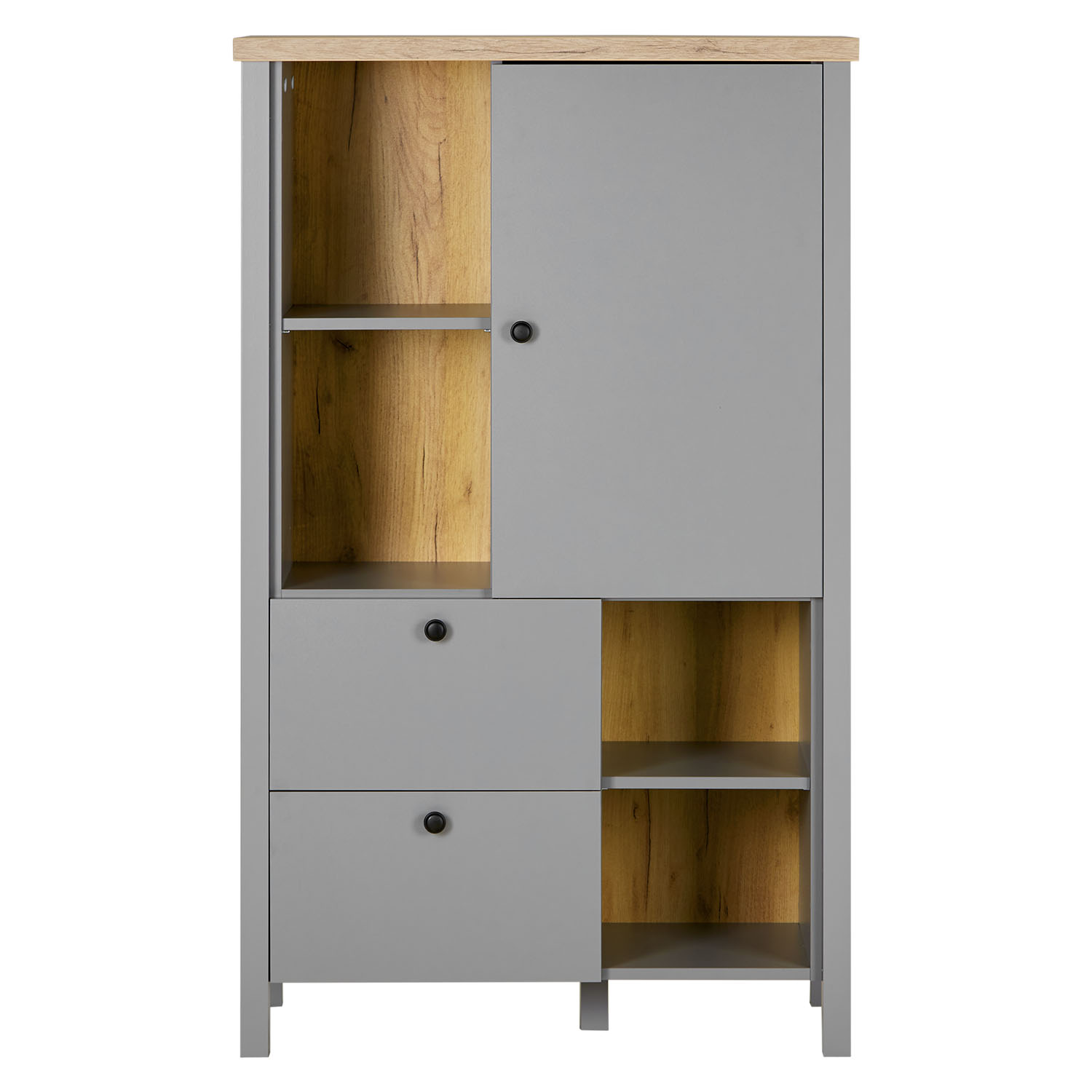 Highboard Sideboard Grey Wood Natural Storage 2 Drawers Cabinet Buffet Credenza Living Room Cupboard