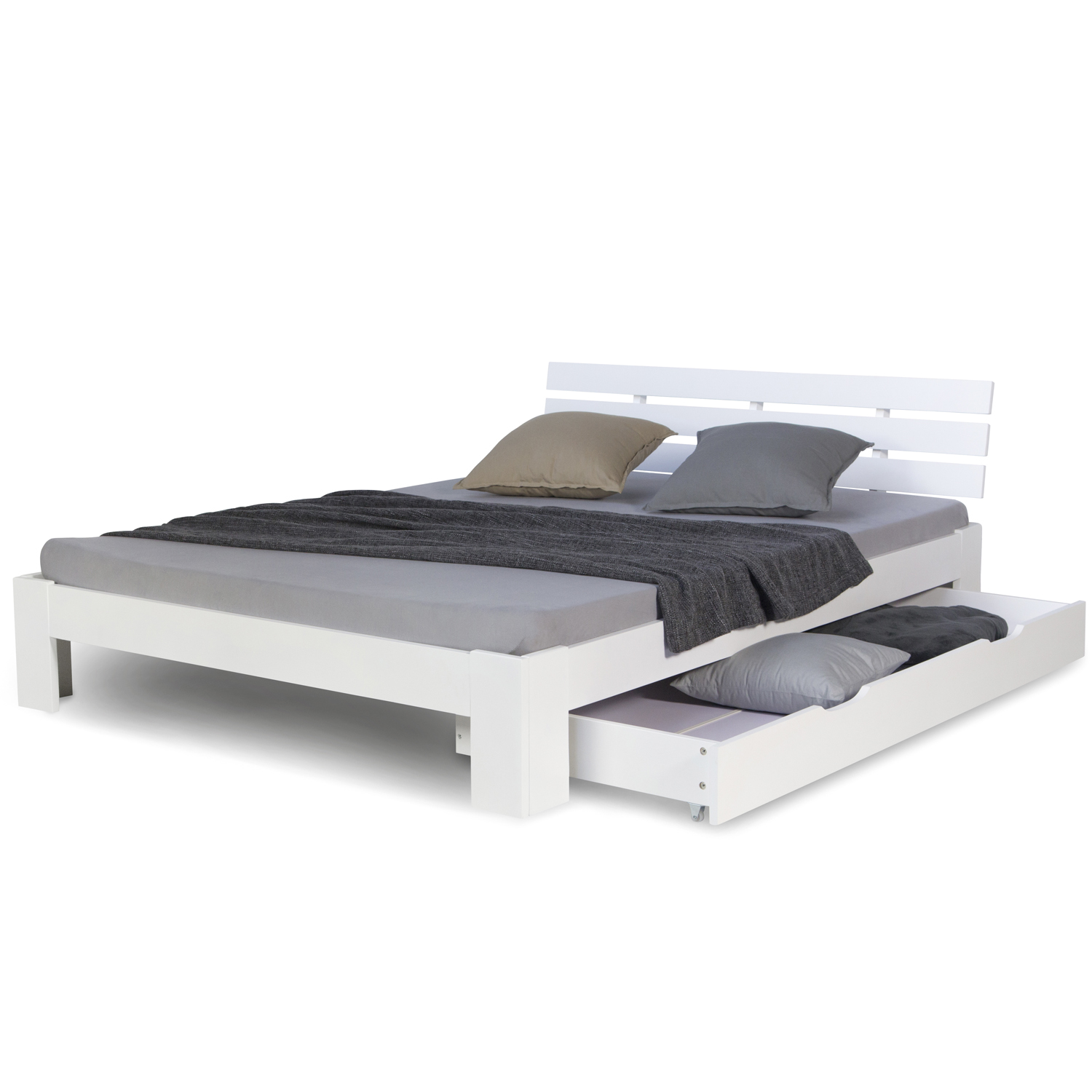 Wood Bed 140x200 cm White | Double Bed with Storage Drawer | with Slatted Frame | Solid | Kids Youth Guest Bedroom