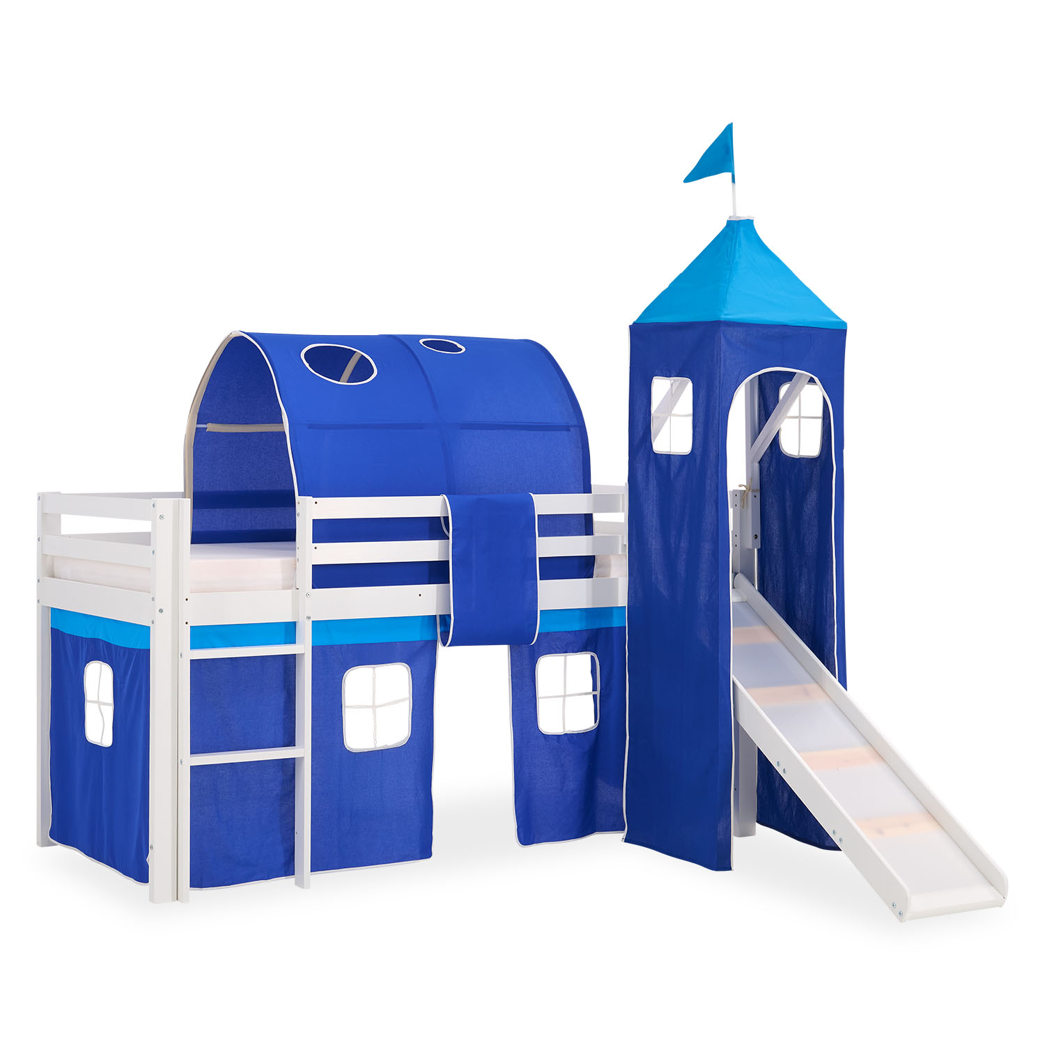 Loftbed 90x200 cm Bunk bed Childrens bed Solid Pine Wood Tower Tunnel Curtain Blue Slide Mattress Slats