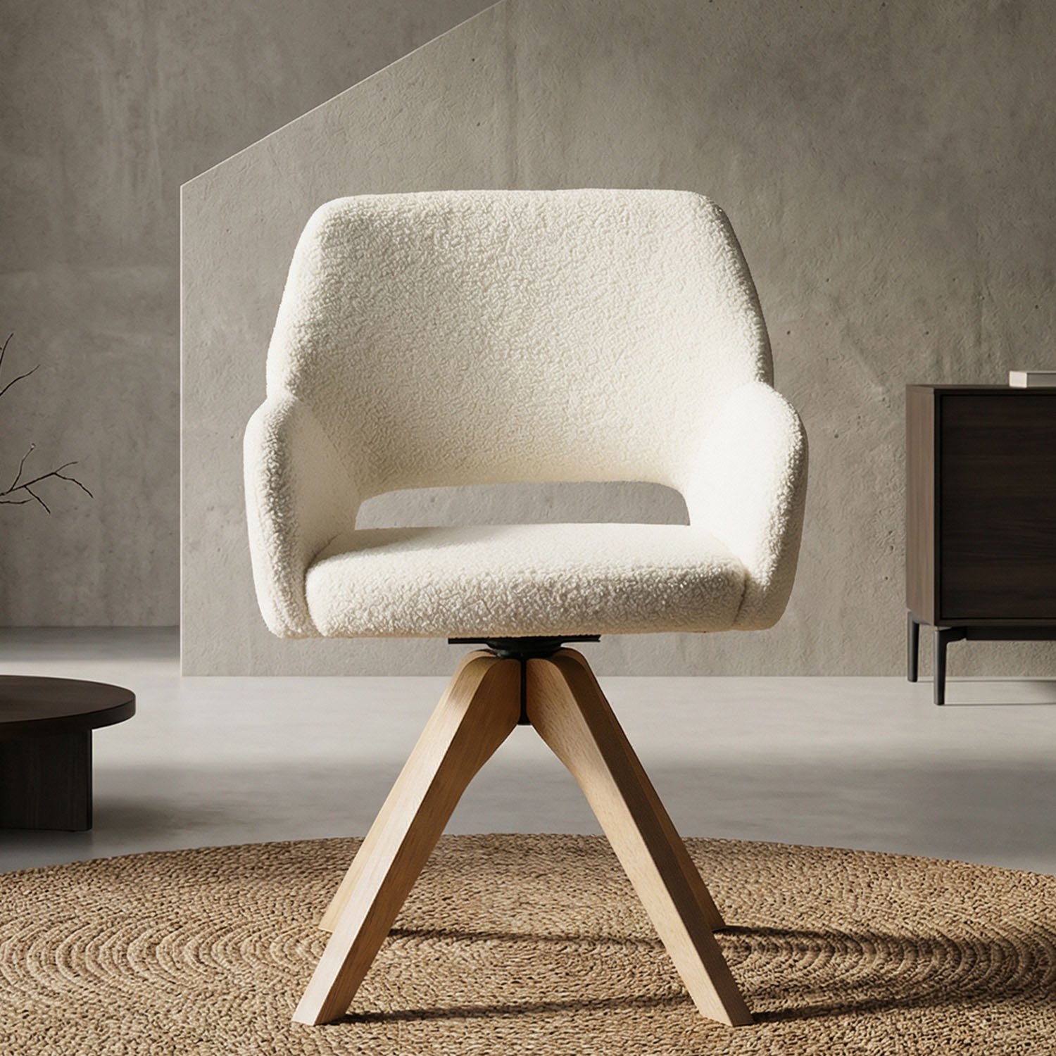 Upholstered Chair Teddy Fabric White | Set of 4 | swivel | with Armrests | Kitchen Dining Room Office