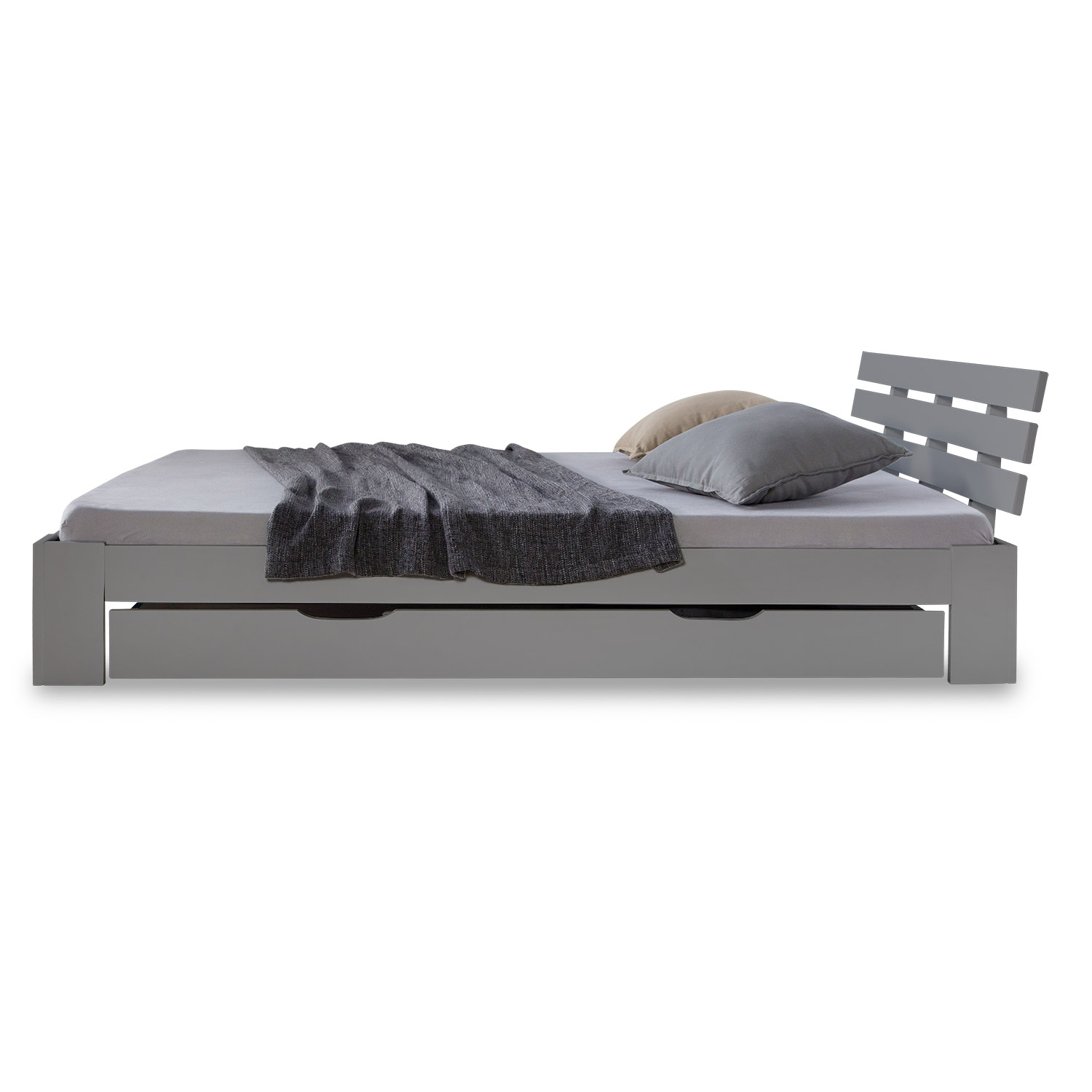Wooden Bed 140x200 cm, Gray, with Storage Compartment & Slatted Base – Solid Wood Double Bed