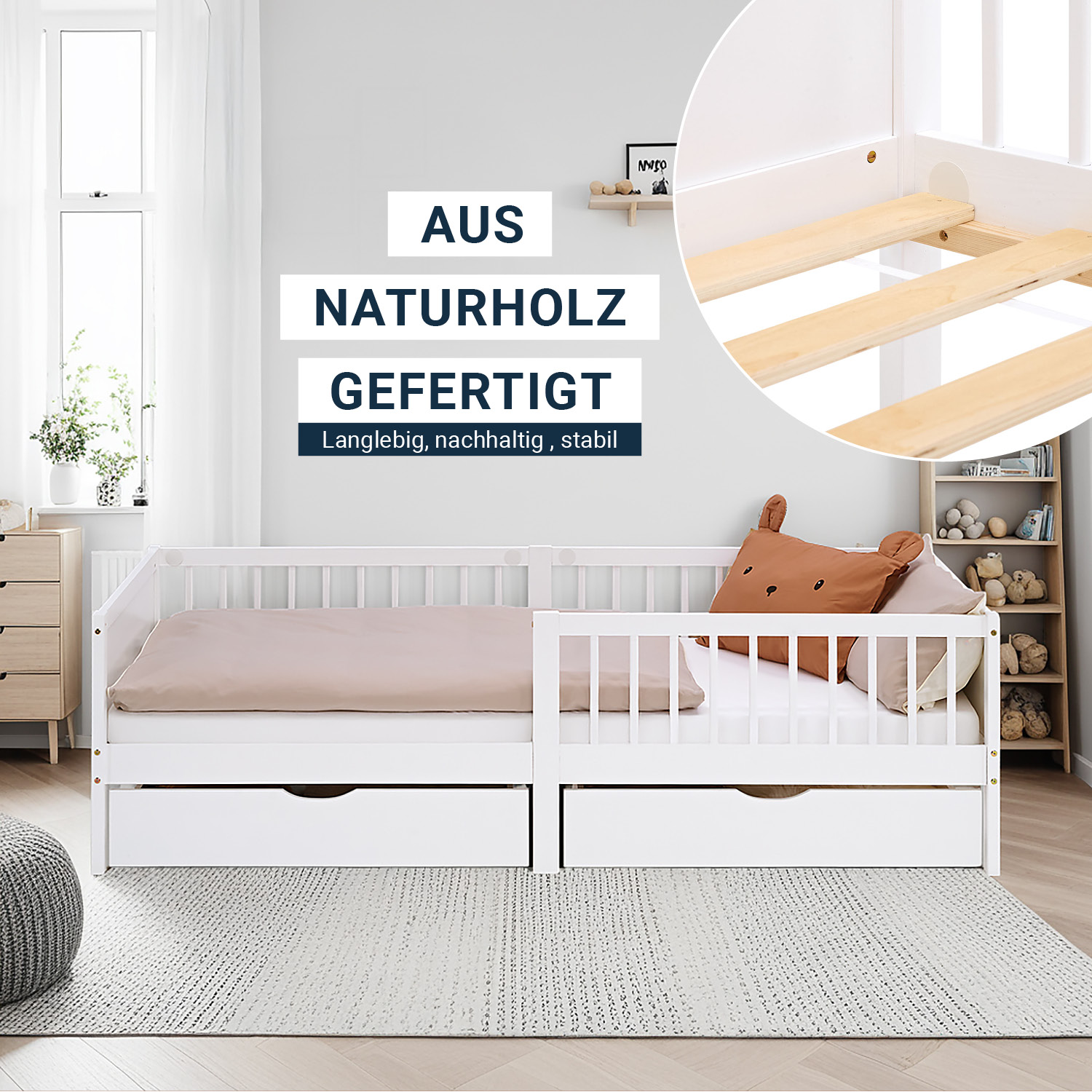Kinderbett 90x200 cm 2 Bettkästen Rausfallschutz Weiß Grün Holzbett Einzelbett Gitterbett Holzbettrahmen Matratze