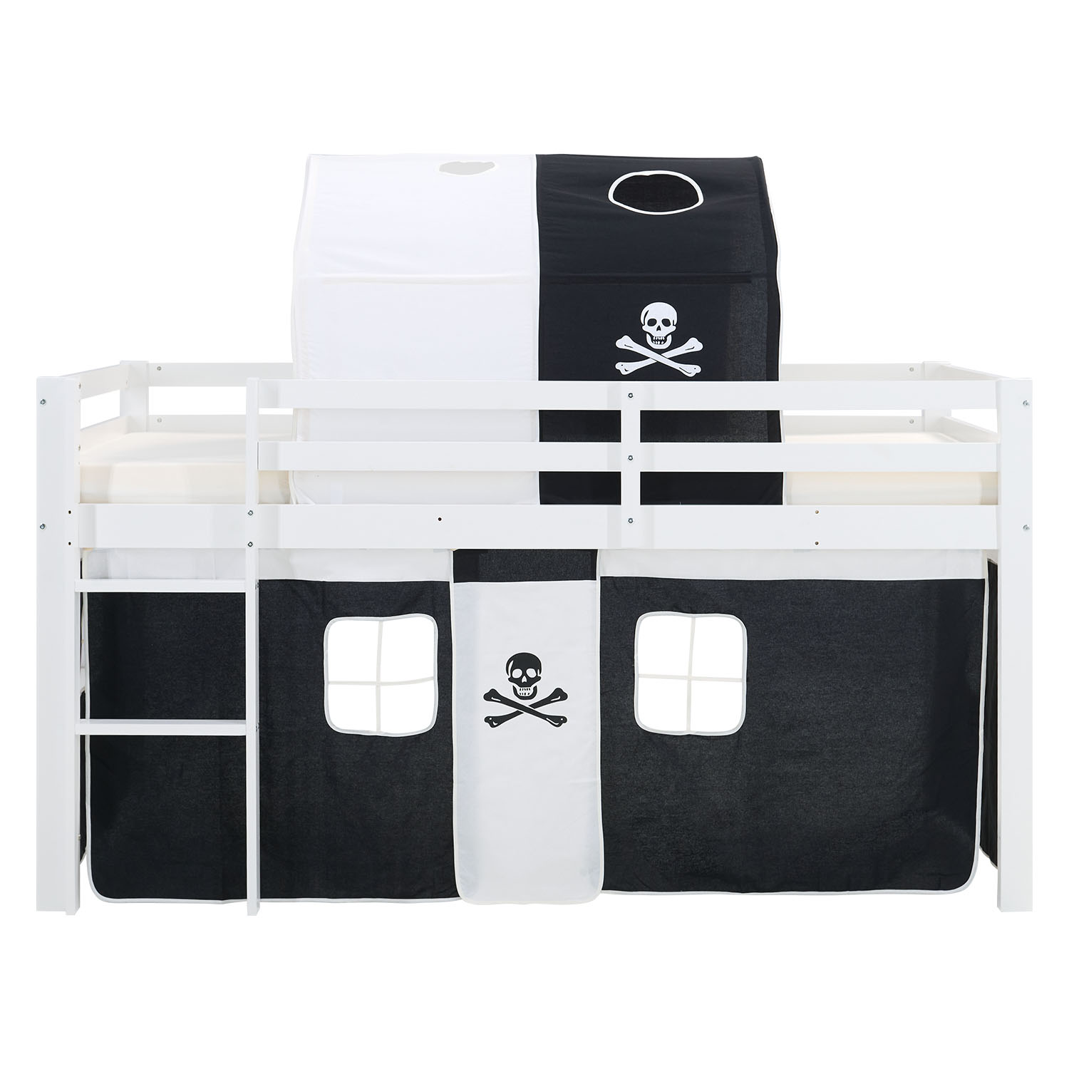 Children's loft bed, 90x200 cm, white with black curtain | Tunnel | Includes slatted base | Includes mattress
