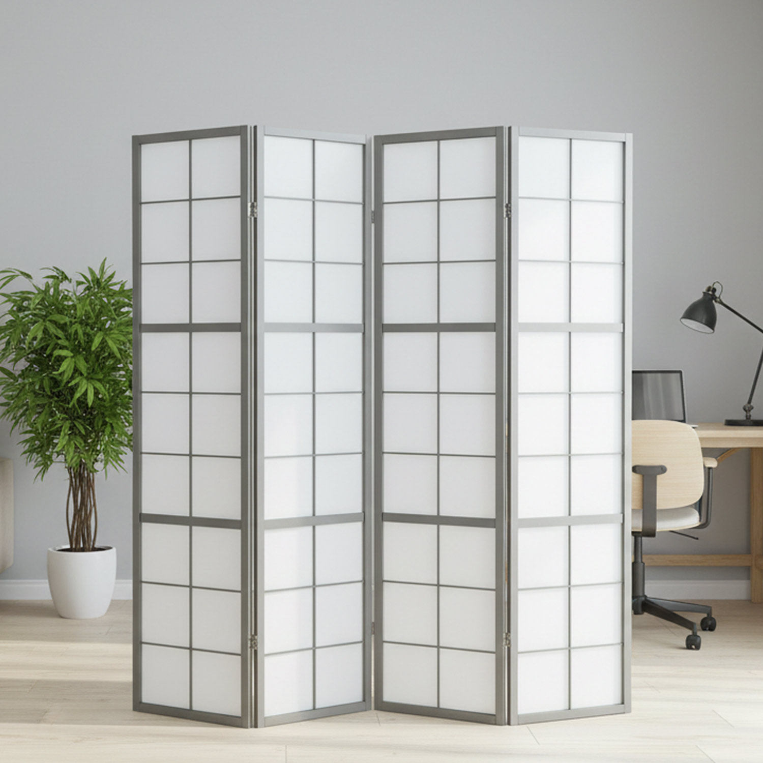Paravent Grey Shoji | 4-panel | Wood | Room Divider | Partition Privacy Screen
