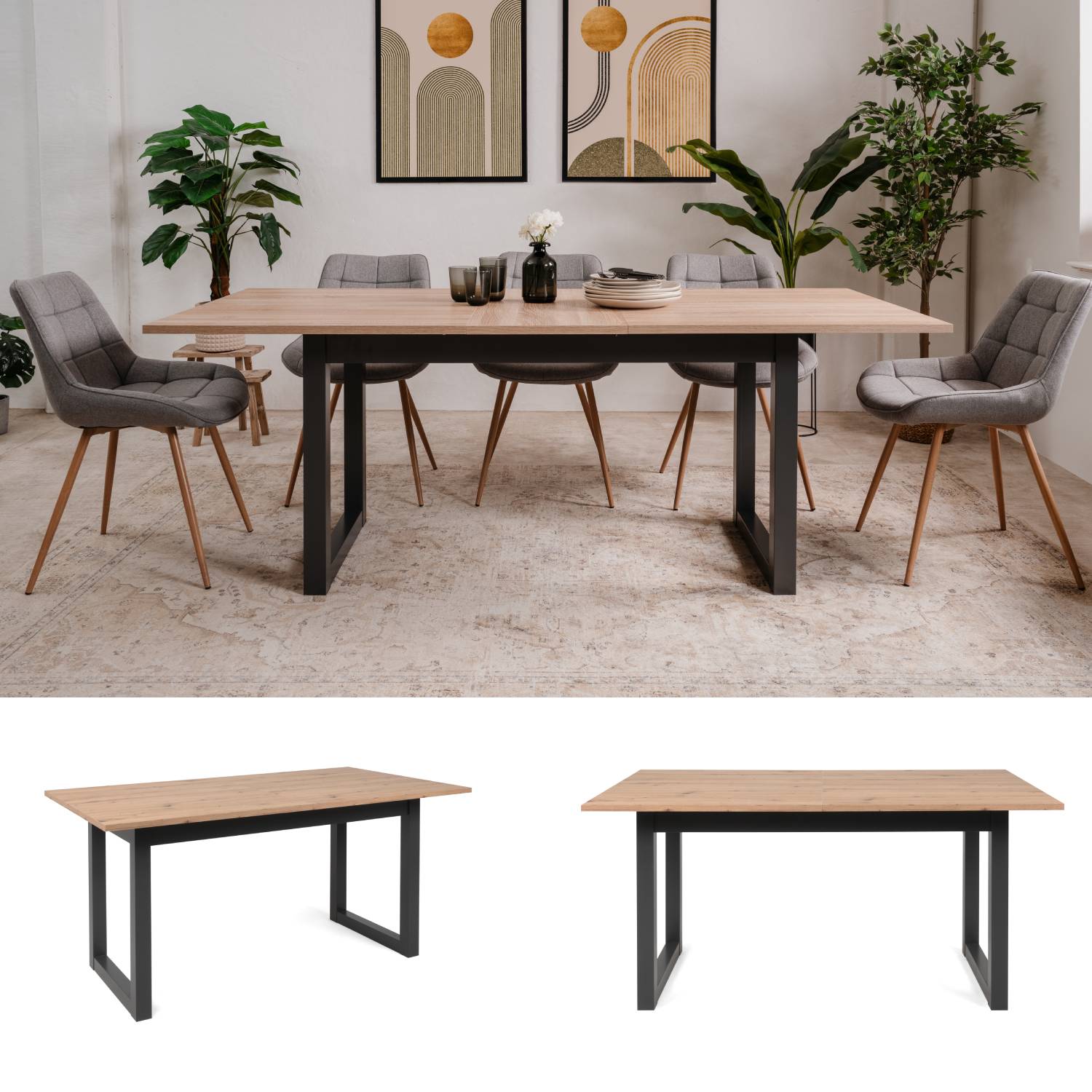 Solid wood extendable dining table with metal-look frame – industrial style for dining room and eat-in kitchen