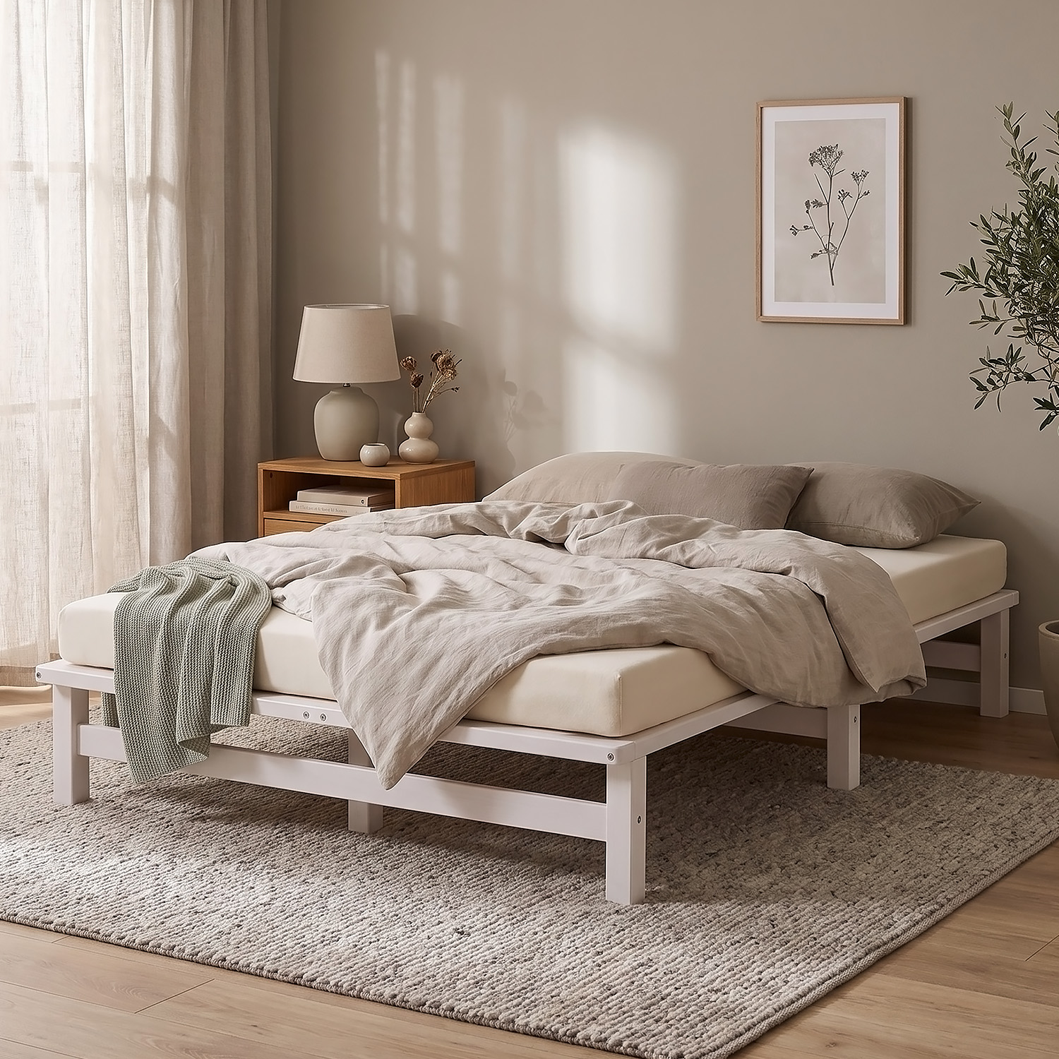 120x200 cm White Pallet Bed – Wooden Double Bed with Mattress & Slatted Base for Teen Rooms, Guest Rooms, and Bedrooms