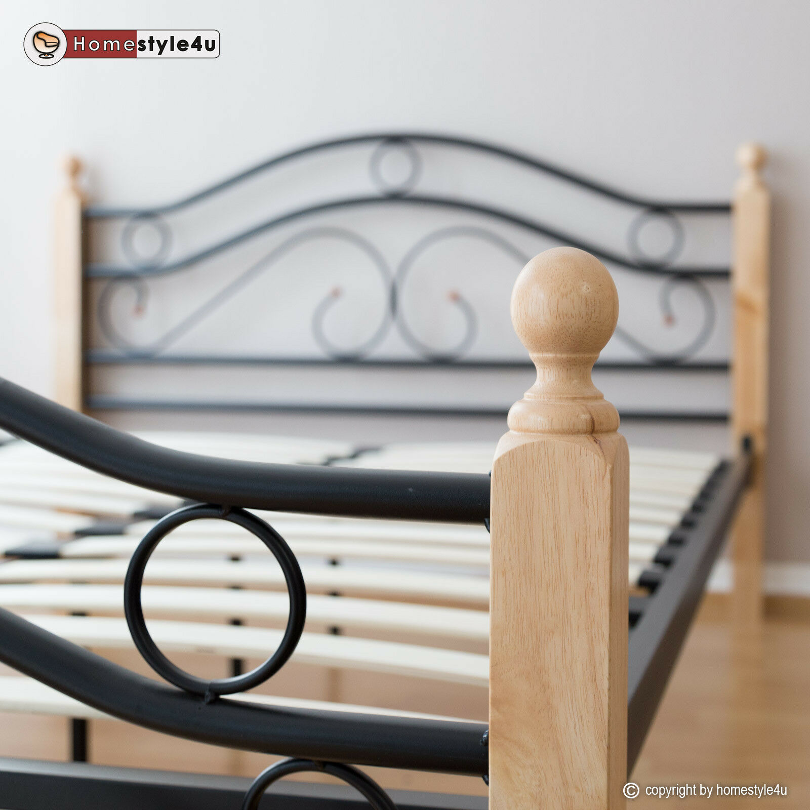 Metal Bed Iron Bed Double 160 x 200 Wood Slatted black natural bed frame 803