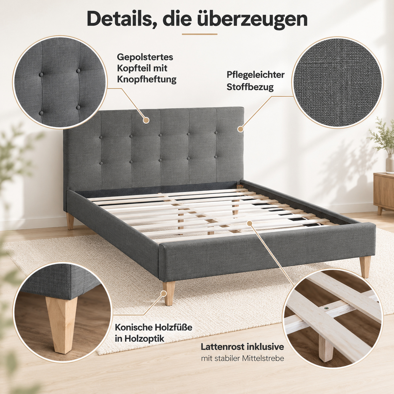 Upholstered bed 180x200 cm grey | with slatted frame | double fabric bed frame