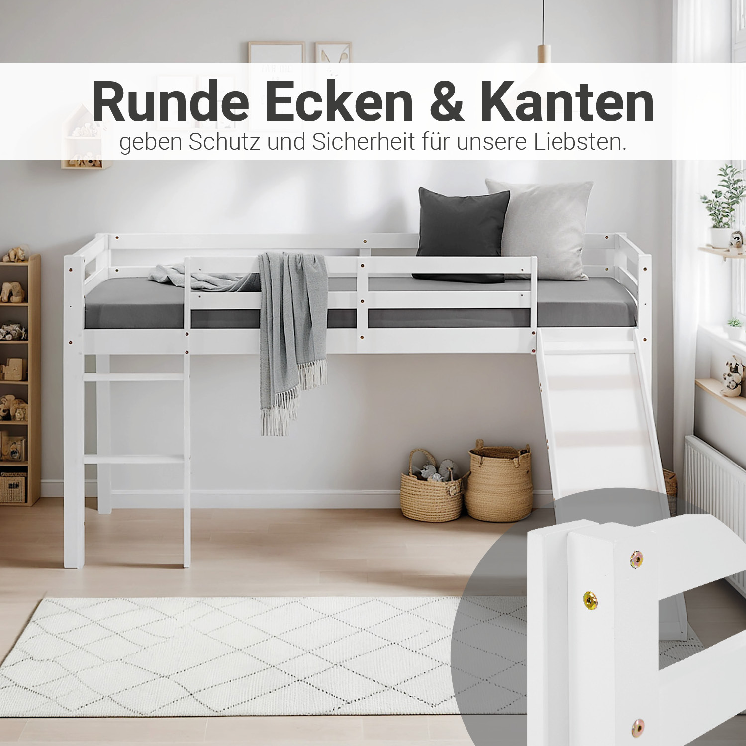 Loft Bed with Mattress Slatted Frame Slide 90x200 cm Children's Bed Bunk Bed White Play Bed