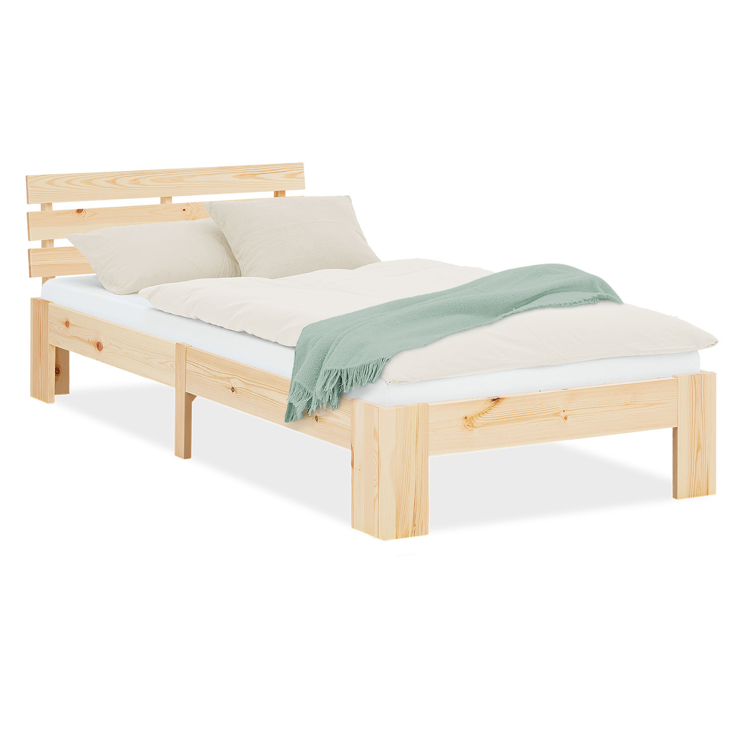 Wood Bed 90x200 cm Natural | Single Bed | with Mattress | 2 Drawers | Kids Youth Guest Bedroom