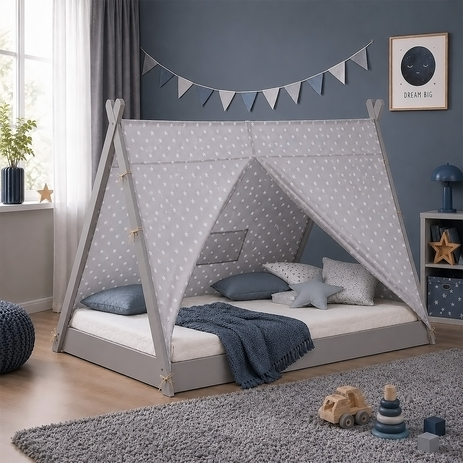 Children's Bed 90x200 cm Gray Gray Fabric | Tent Bed | Single Bed | with Slatted Frame | Wood