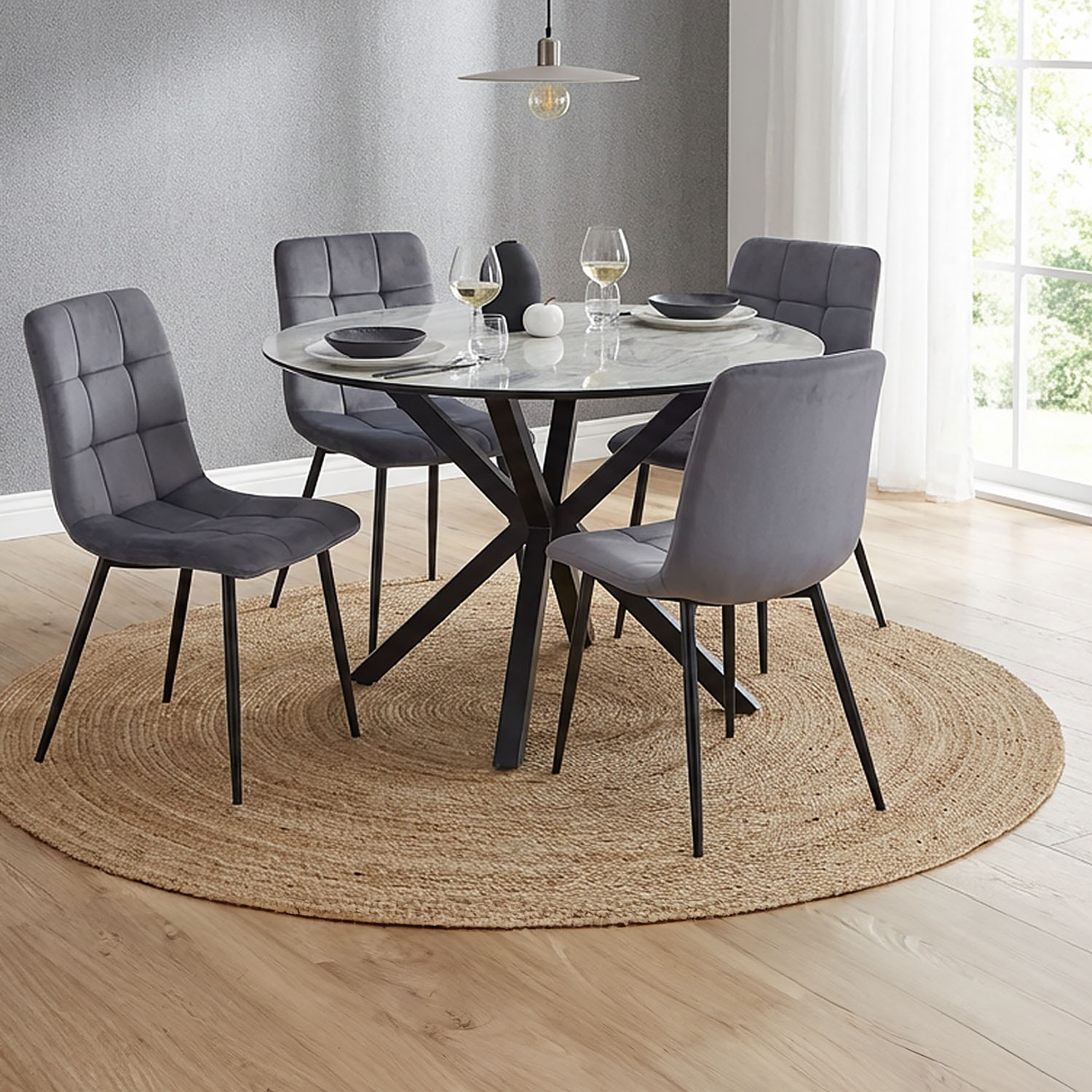 Dining set | 4-piece set upholstered chairs grey | dining table grey black metal frame round 110 cm