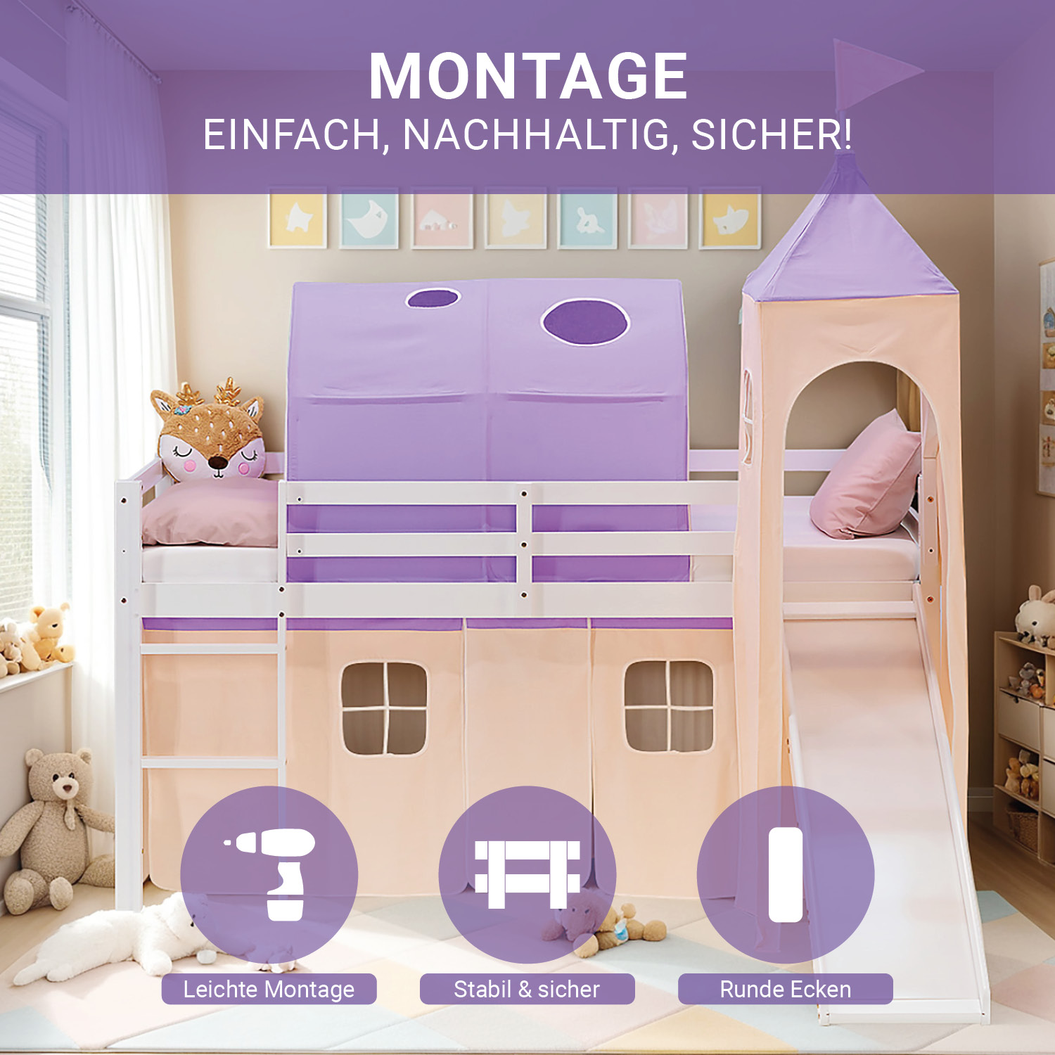 Loft Bed for Kids 90x200 cm White with Curtain in Lilac Beige | Slide | Tower | Tunnel | with Slatted Frame