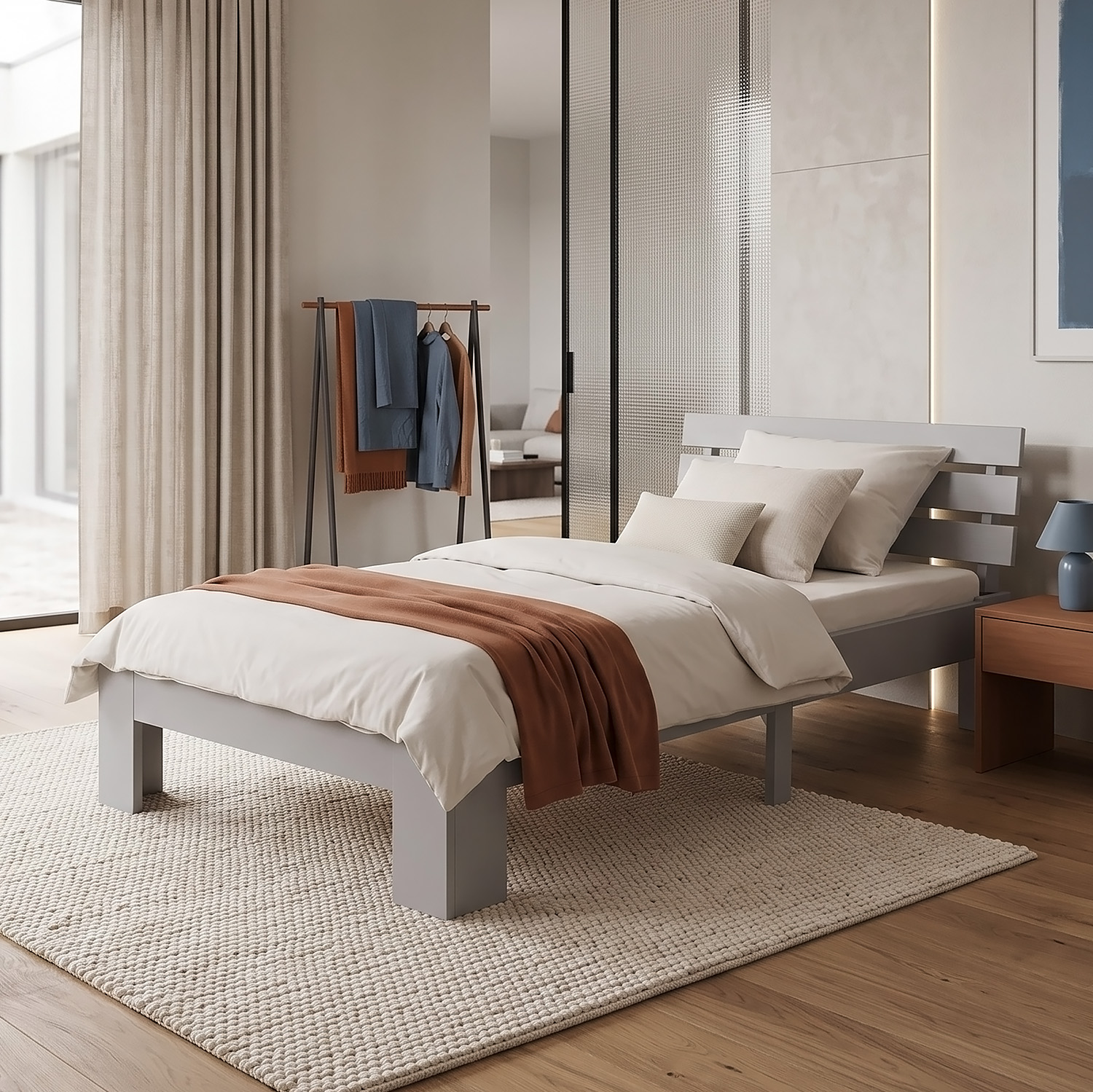 Wood Bed 90x200 cm Grey | Single Bed | with Spring Mattress | Solid | Youth Guest Bedroom