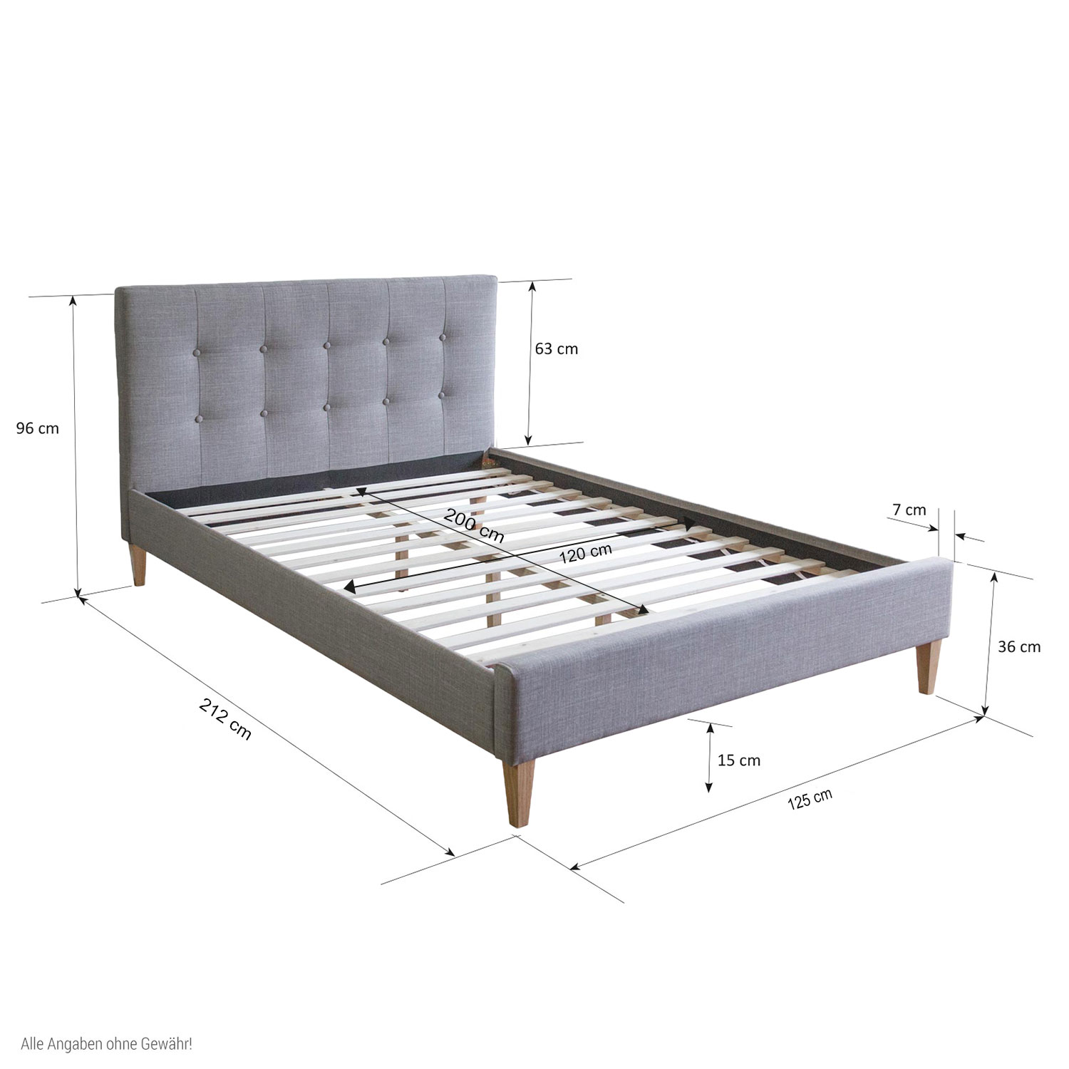 Upholstered Bed Frame Double Bed 120x200 Grey Platform Bed Fabric Headboard