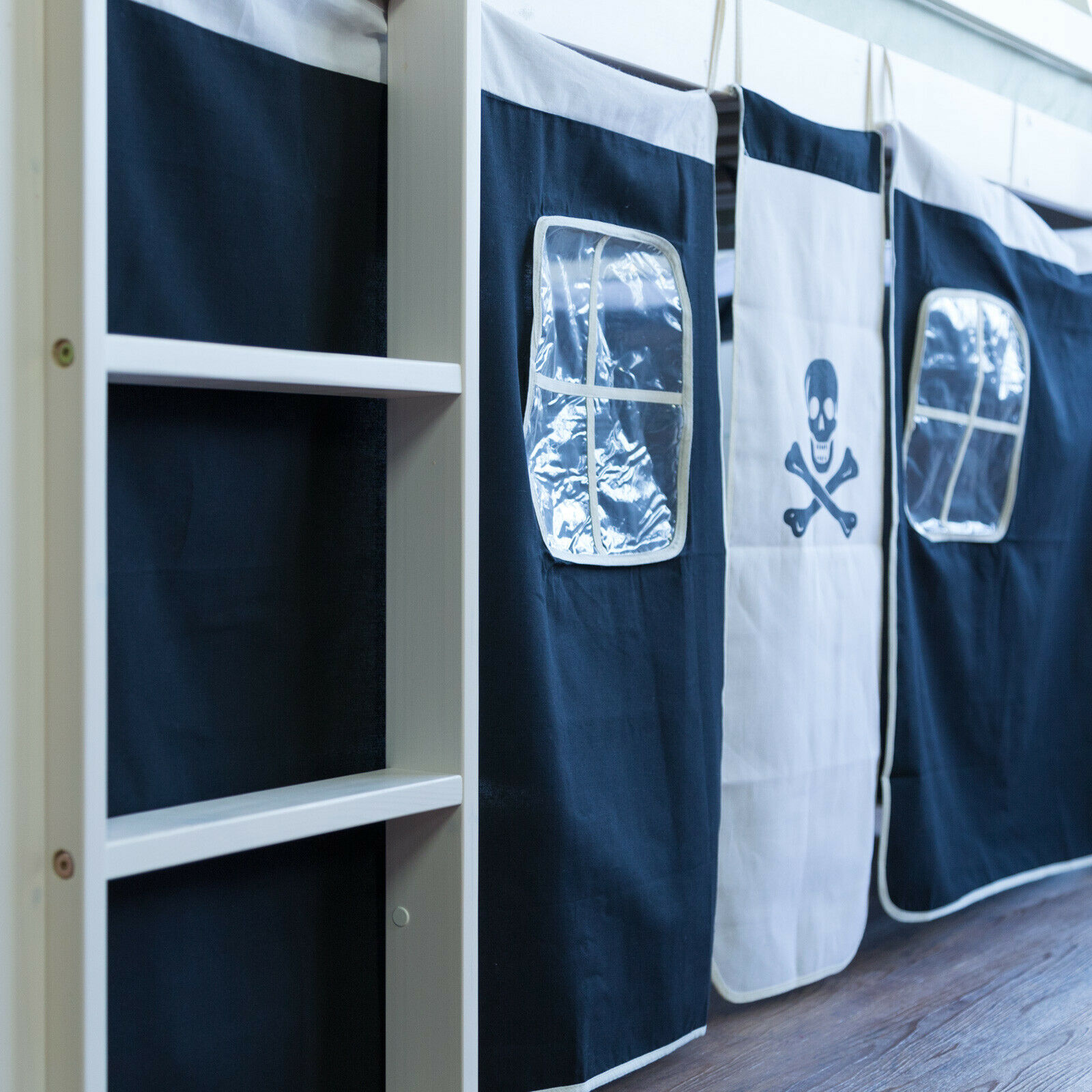 Loft Bed Kids 90x200 cm White with Curtain Black | without Slatted Frame