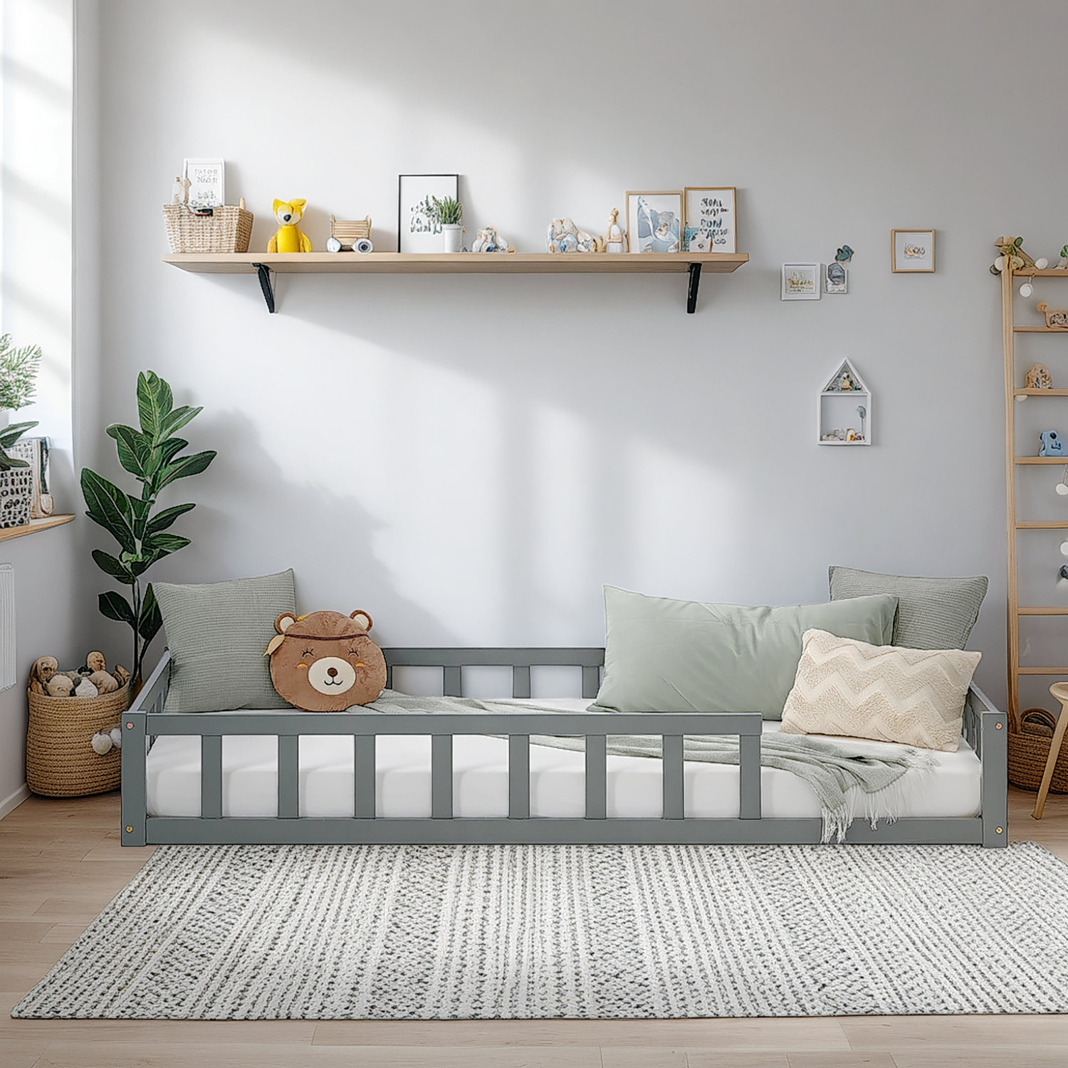 Children's Bed 90x200 Grey | Floor Bed with Mattress & Slatted Frame | with Fall Protection | Montessori