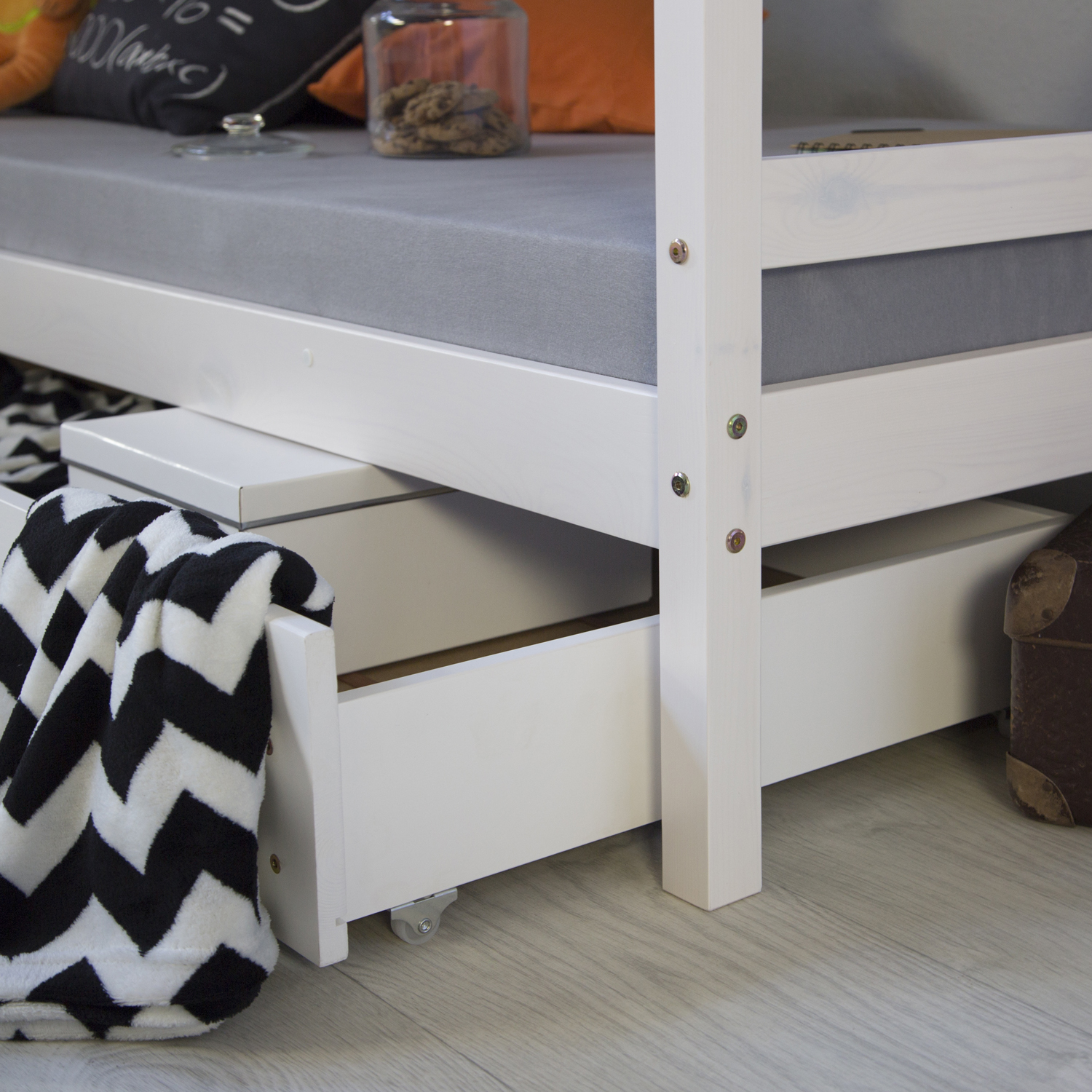 Bunk bed with drawer and 2 matresses Children bed 90x200 cm wooden Kids bed High sleeper White Slats