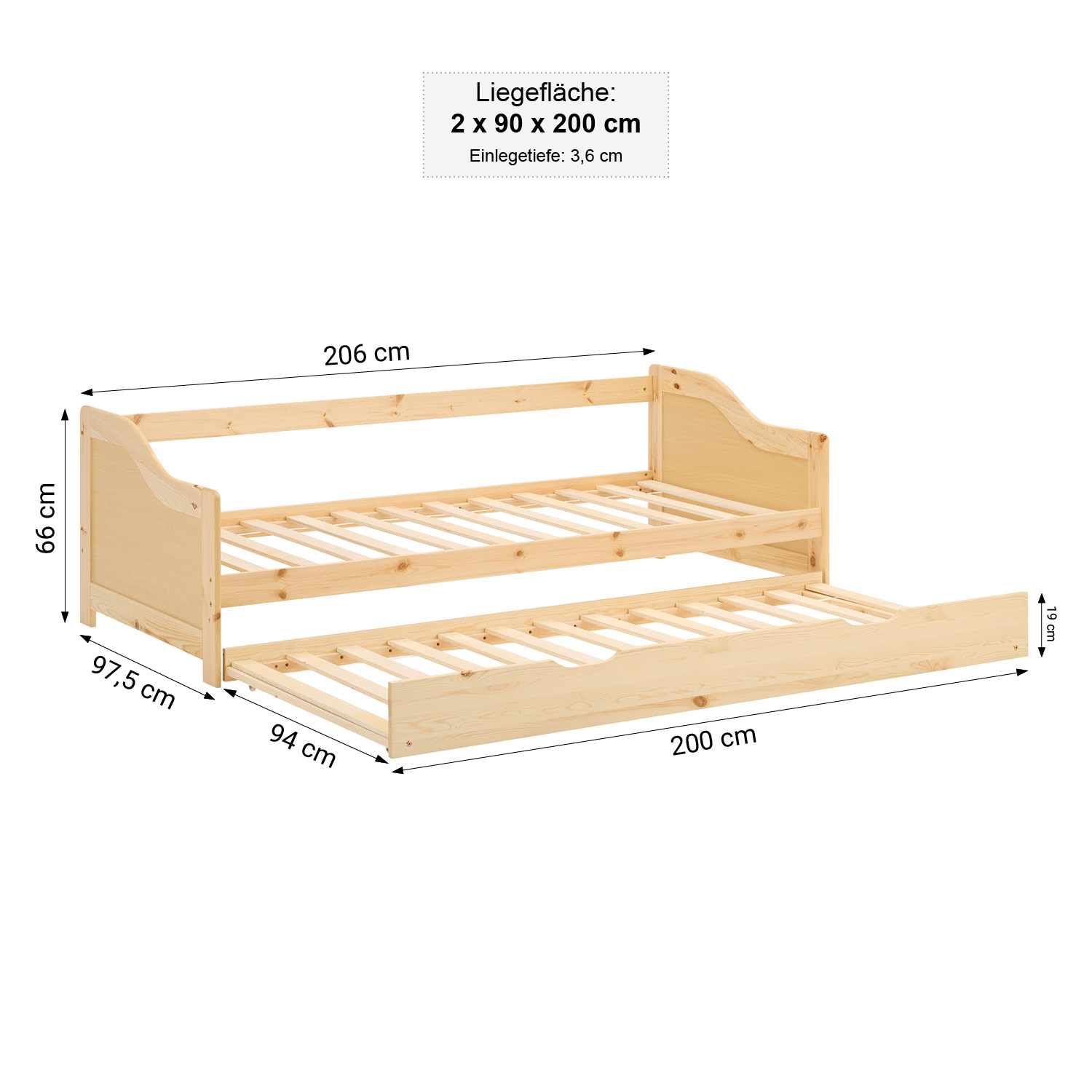 Wood Bed 90x200 cm Natural | Extendable | Cabin Bed | with Mattress | Kids Youth Guest Bedroom