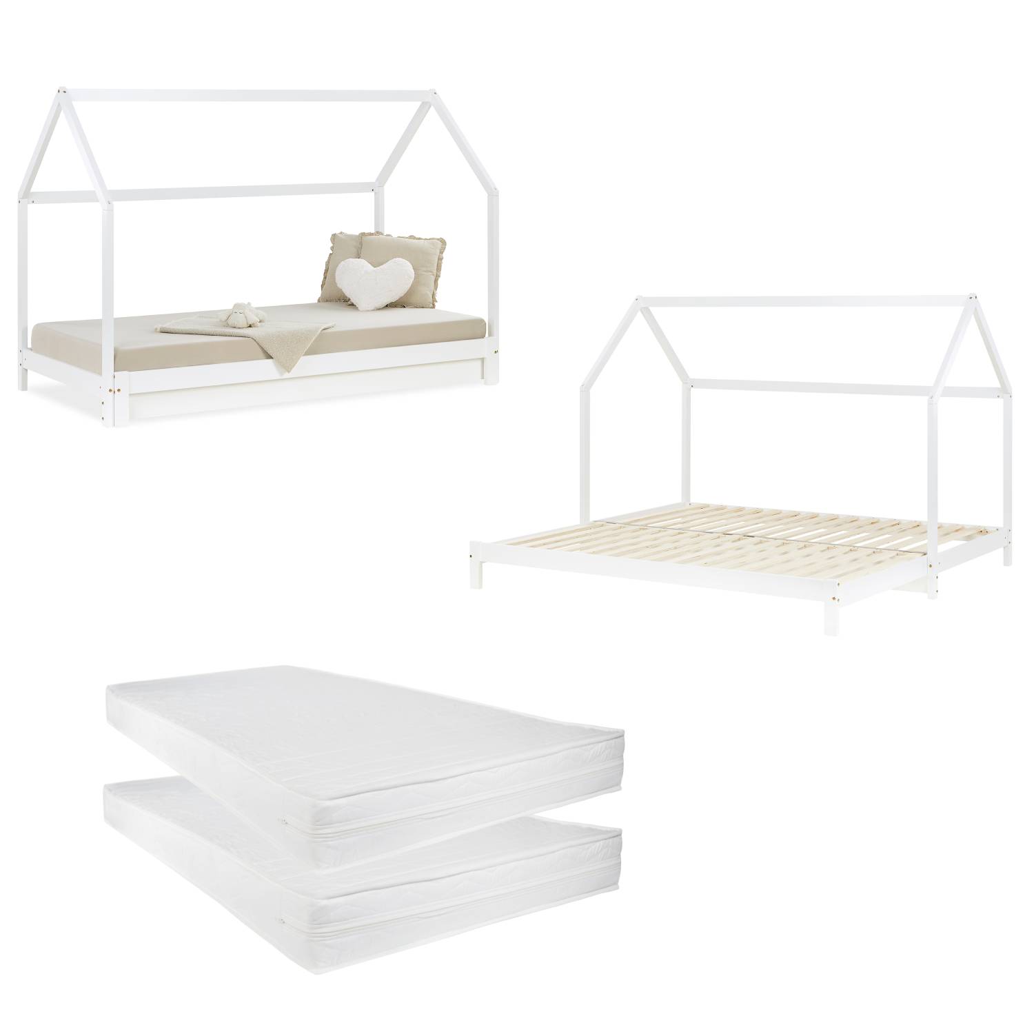 Children's Bed with Pull Out Bed 90x200 cm House Bed 2 Mattresses Bed Slats Treehouse Bed Children's Single Bed Wooden Frame White Trundle