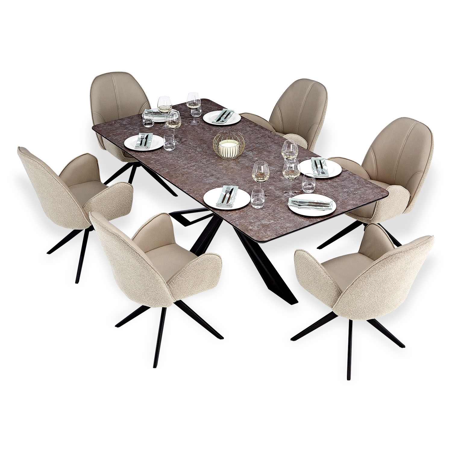 Dining set | 6-piece set upholstered chairs beige bouclé Leder with armrest | swivel | dining table brown metal frame 200 x 100 cm