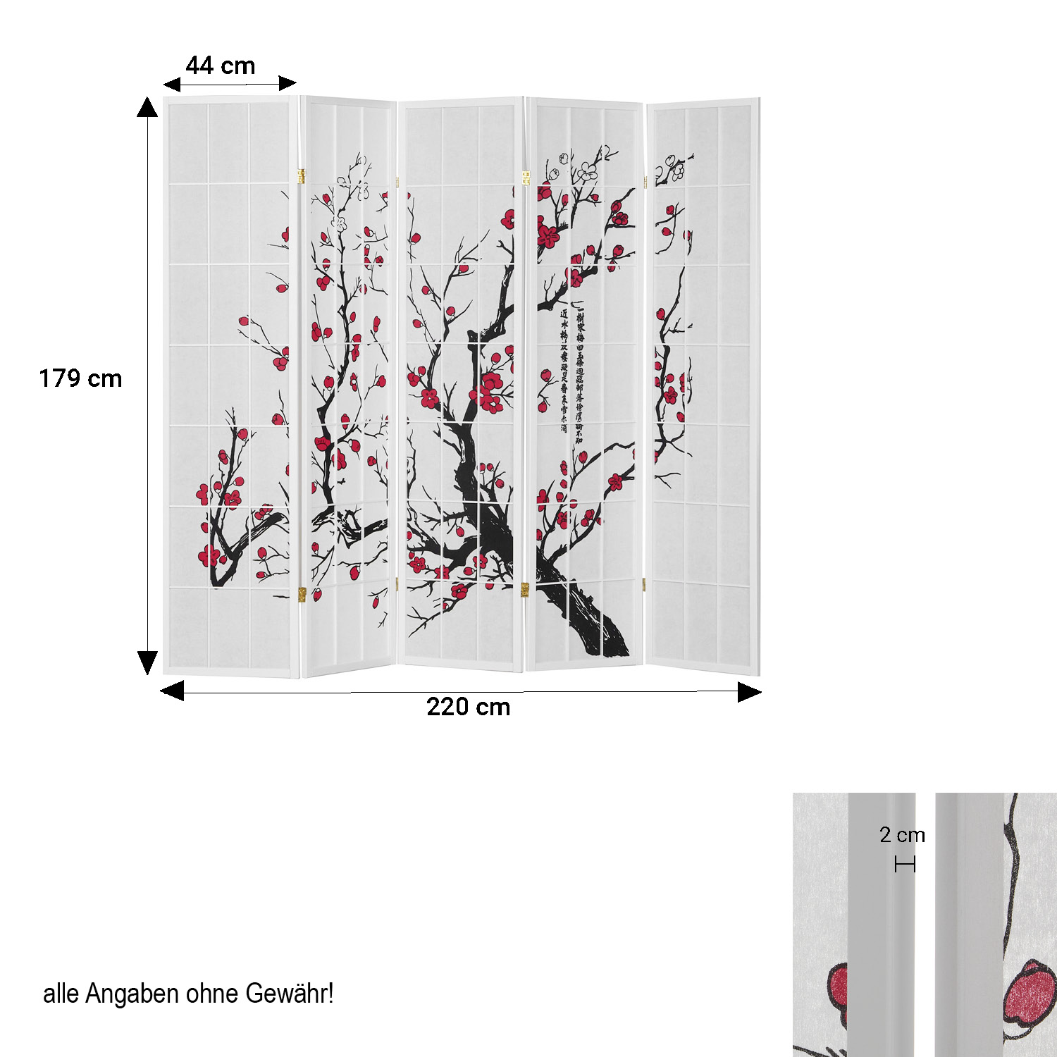 White Cherry-Patterned Folding Screen | White Rice Paper | 5-Panel | Wood | Room Divider, Partition, Privacy Screen