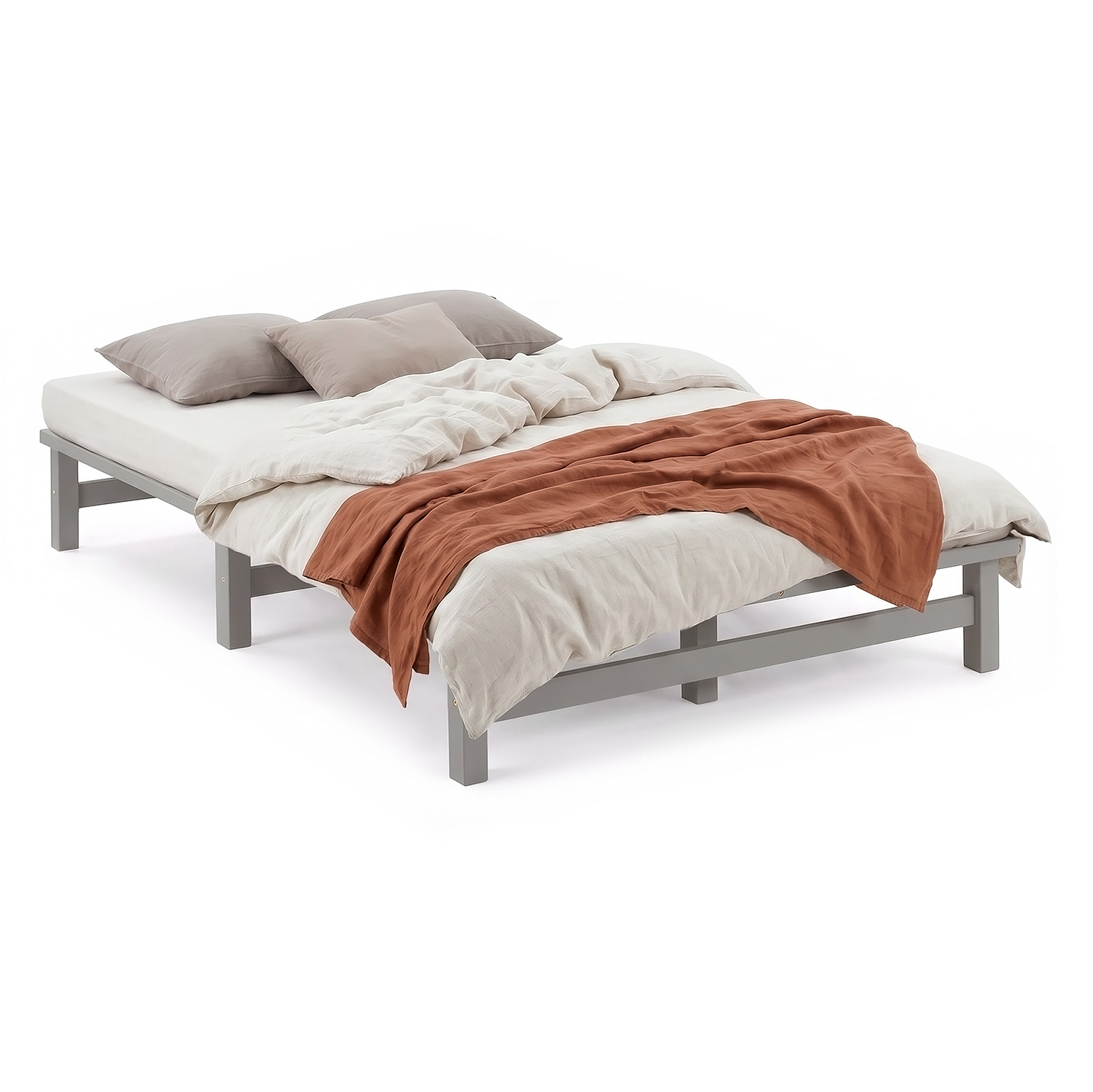 120x200 cm Grey Pallet Bed – Wooden Double Bed with Slatted Base for Teen Rooms, Guest Rooms, and Bedrooms