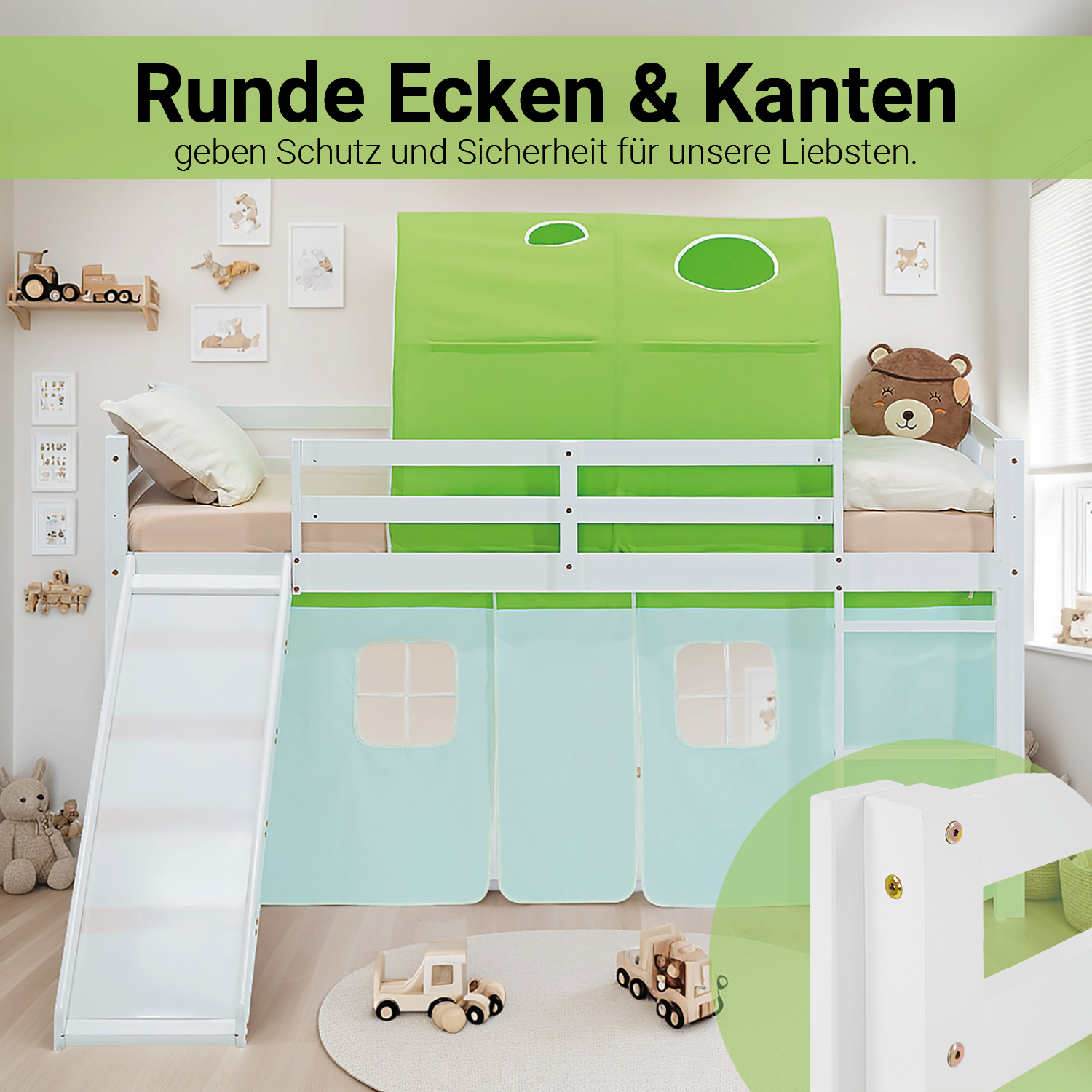 Loft Bed for Kids 90x200 cm White with Curtain & Tunnel in Green | Slide | with Slatted Frame and Mattress