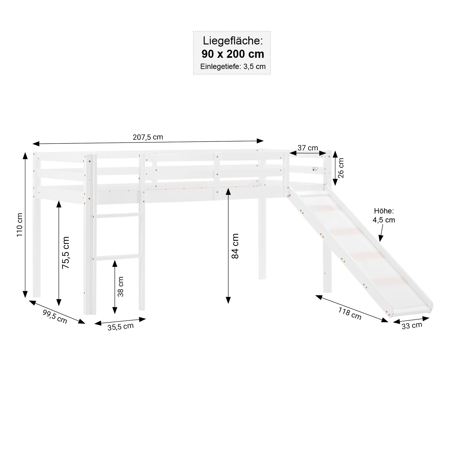 Children's Loft Bed 90x200 cm White with Blue Curtain | Tunnel | Slide | Includes Slatted Base