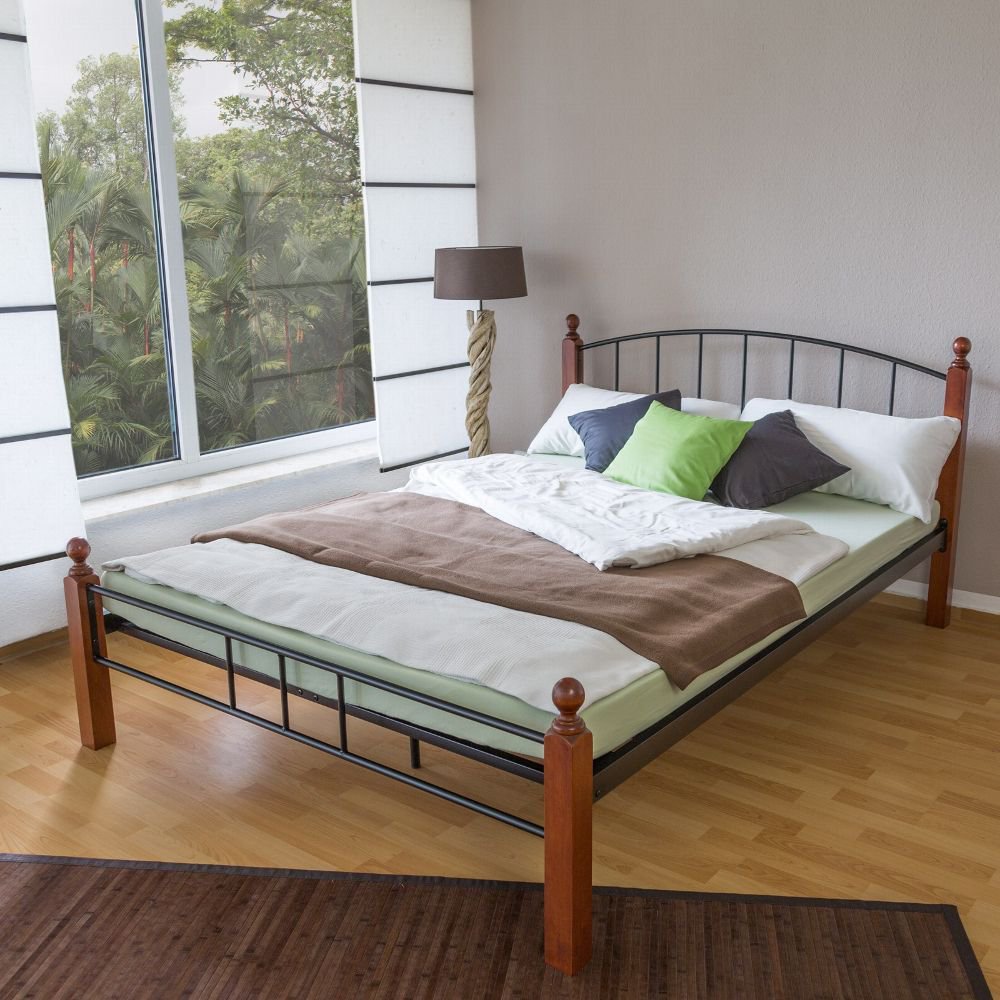 Metal Bed Iron Bed Double 180 x 200 Wood Slatted black brown bed frame 915