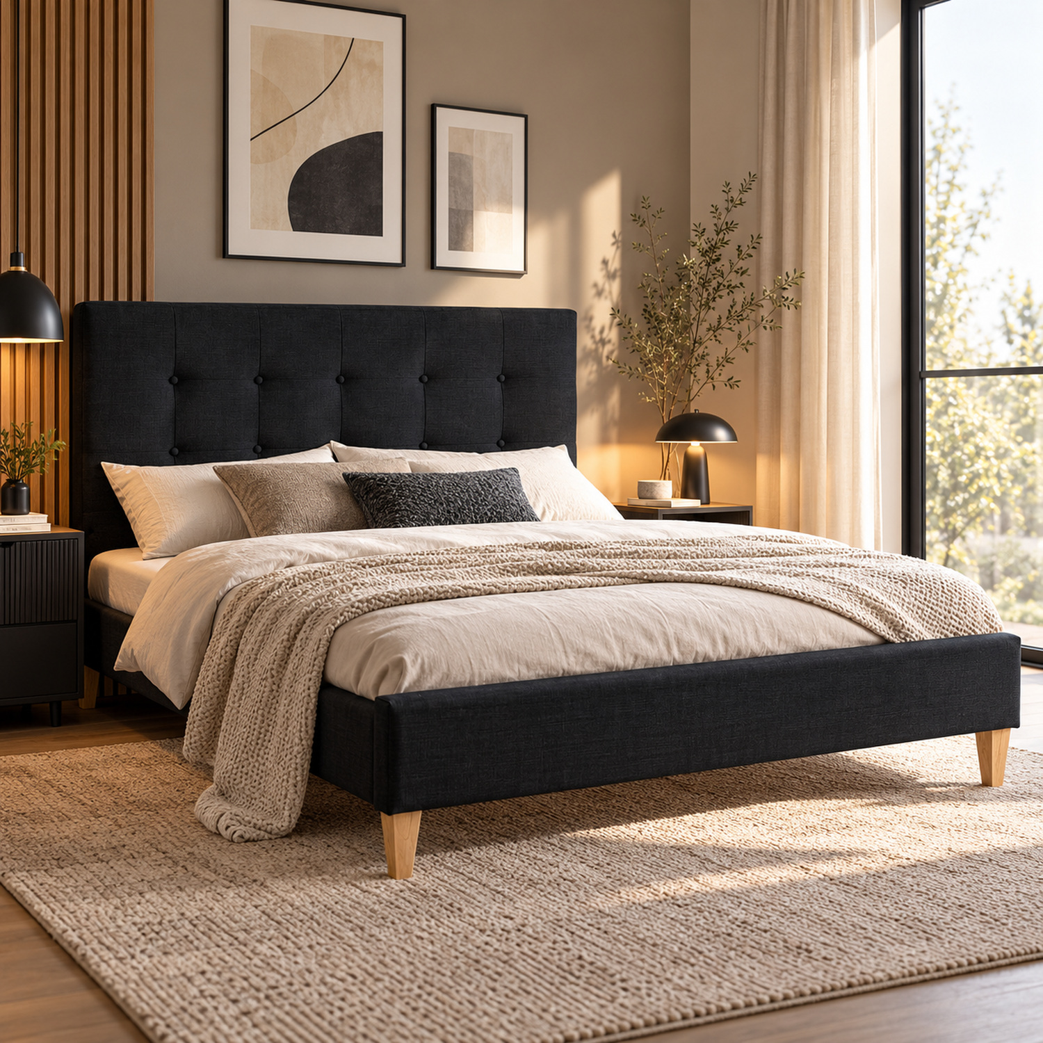 Upholstered bed 140x200 cm black | with slatted frame | double fabric bed frame