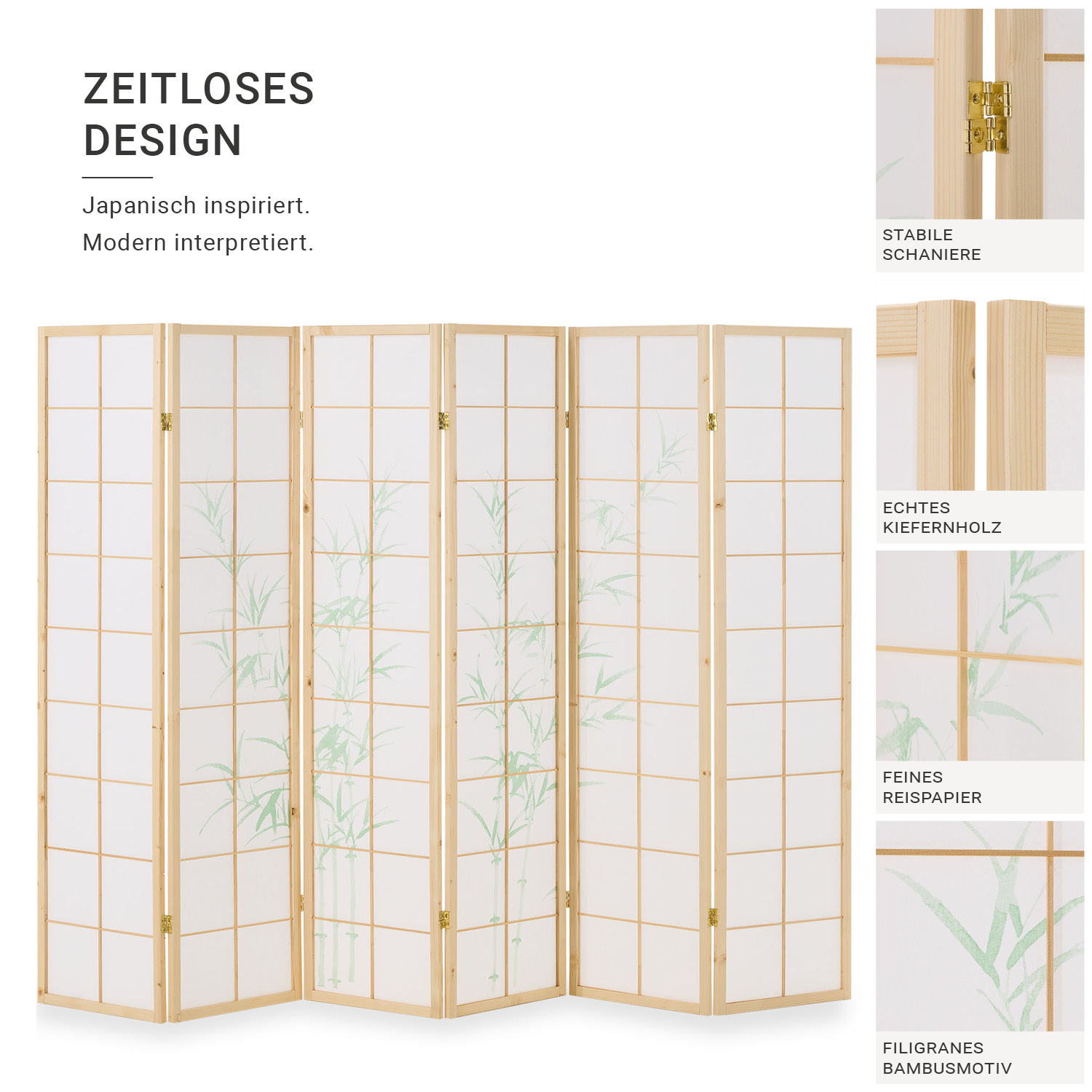 Paravent Natural Bamboo | 6-panel | Wood | Shoji Room Divider | Partition Privacy Screen