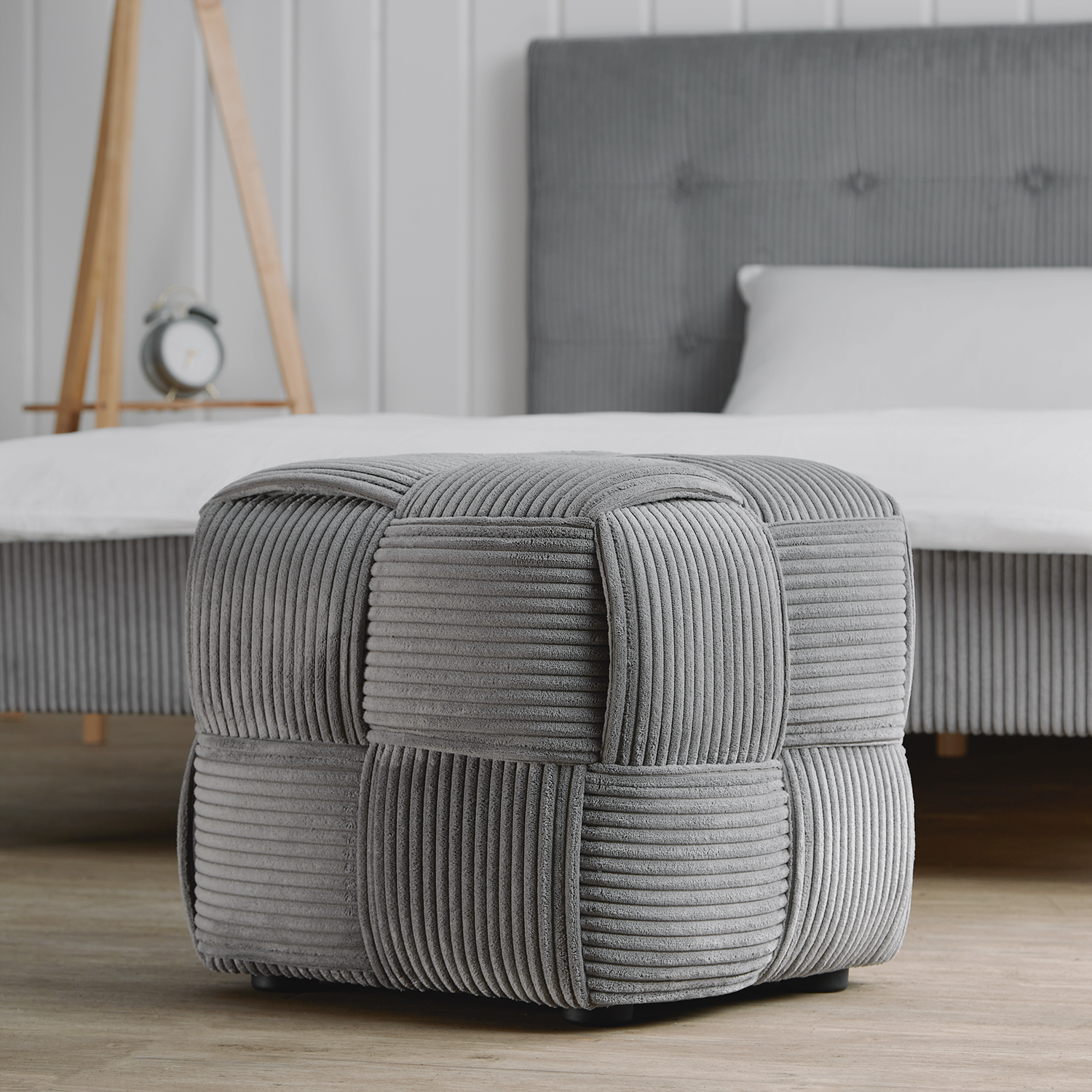 Footstool Pouffe Grey Cord Stool Small Footrest Upholstered Seater Cube Seat