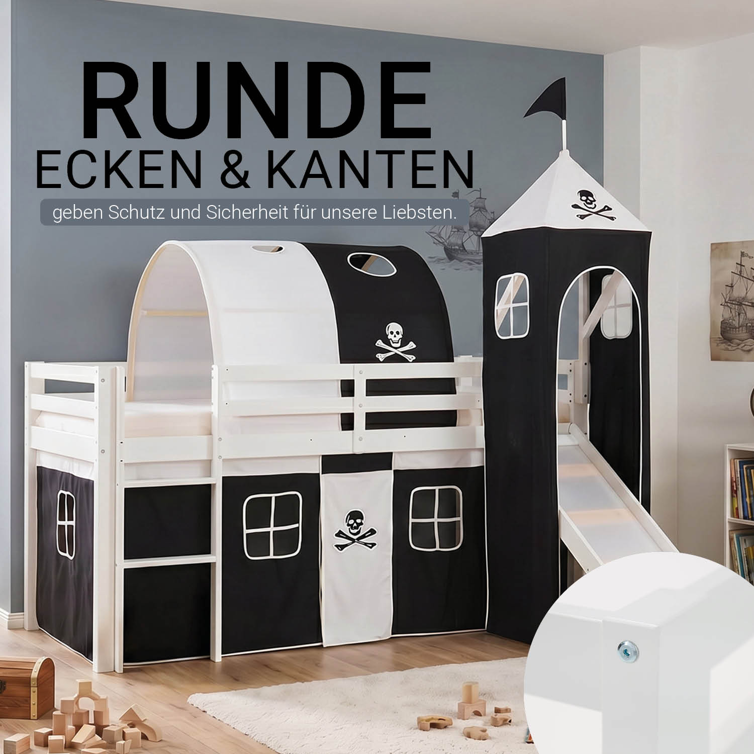 Children's Loft Bed 90x200 cm White with Black Curtain | Tunnel | Tower | Slide | With Slatted Base | Pirate | Boy