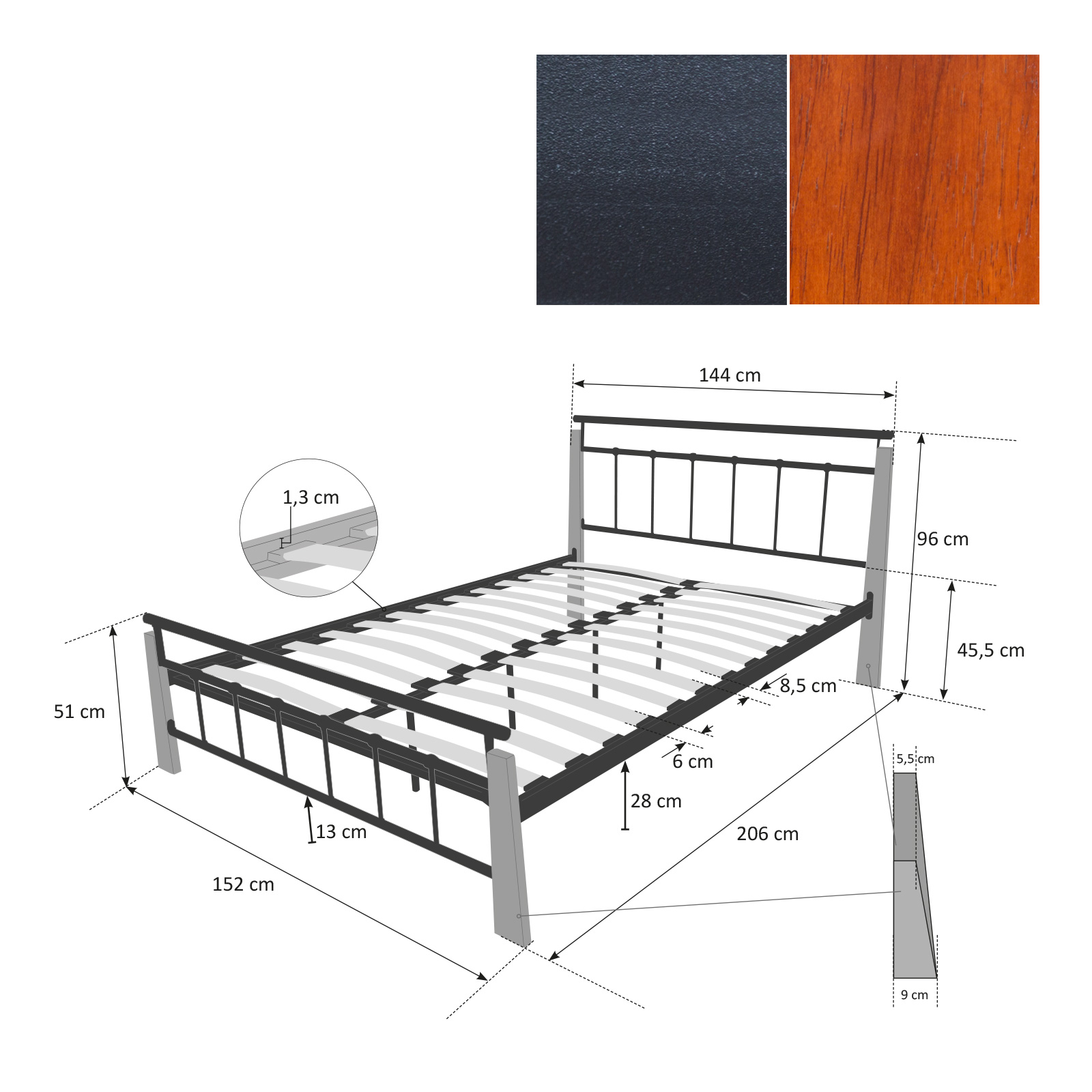 Metal bed 140 160 180 x 200 Bed frame with slatted frame Double Bed Wood Black Brown Natural
