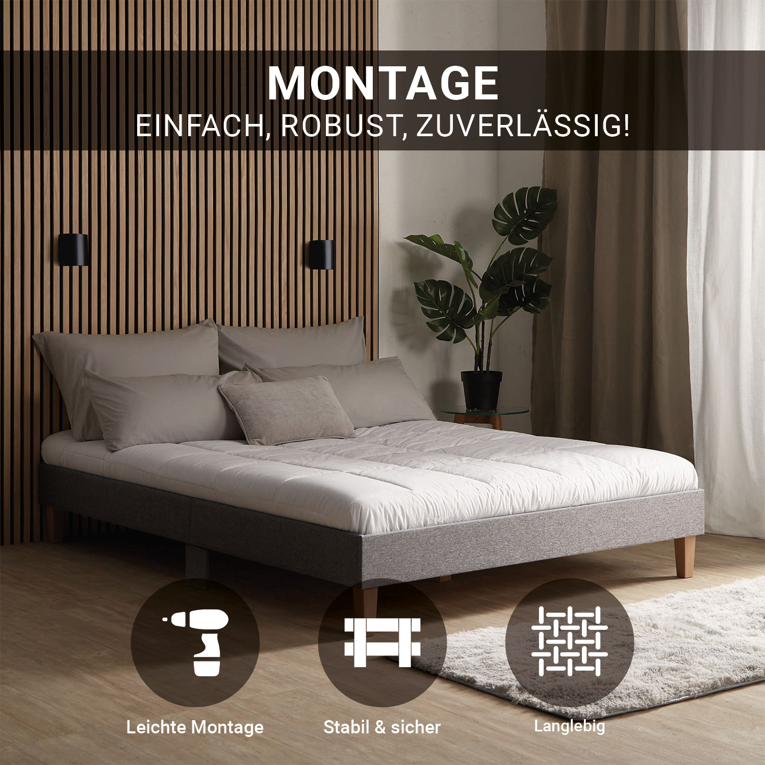 Upholstered Bed 140x200 cm Gray with Mattress & Slatted Base – Futon Bed Fabric Bed Complete Set Double Bed