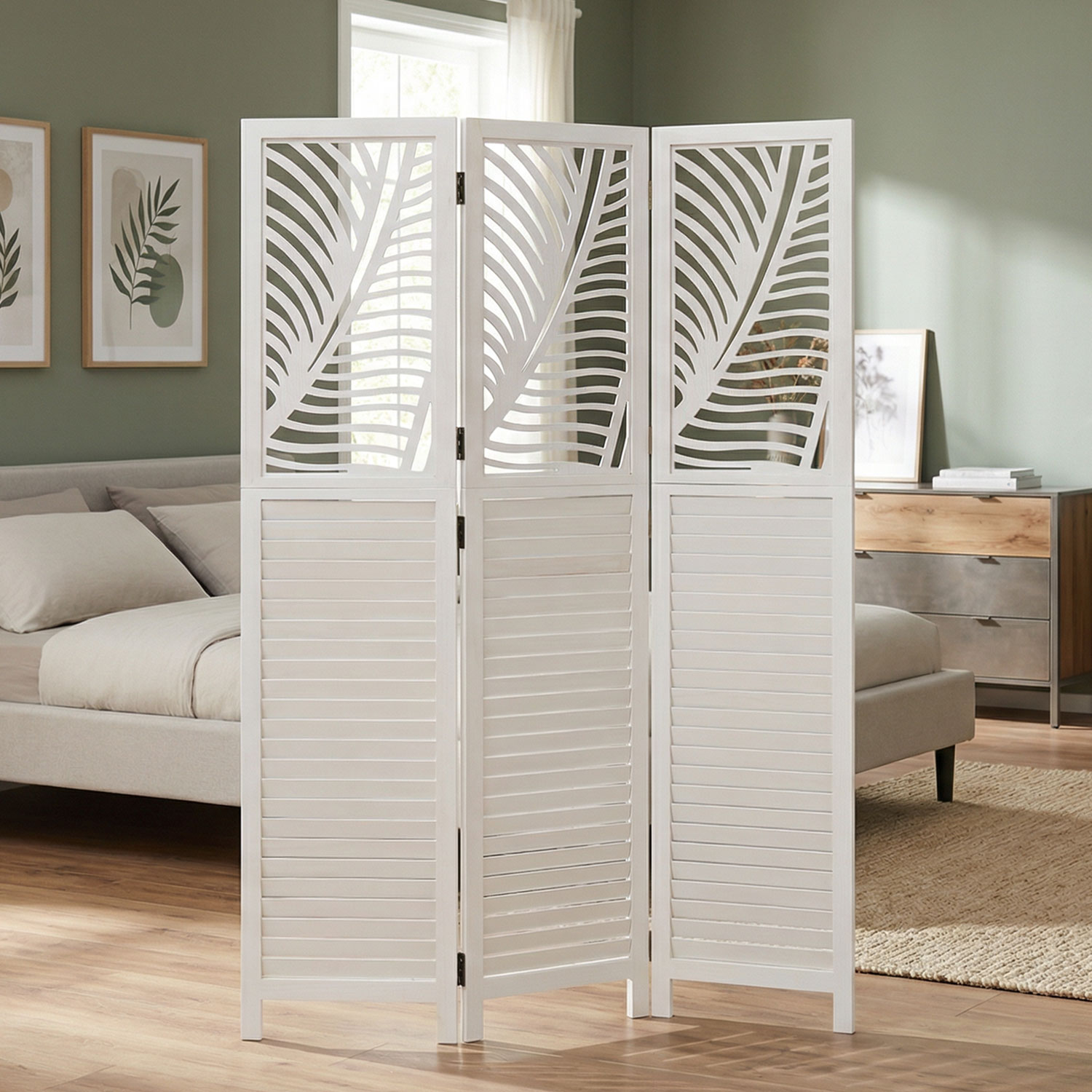 Paravent White Rattan-Style Decorations | 3-panel | Wood | Room Divider Partition Privacy Screen