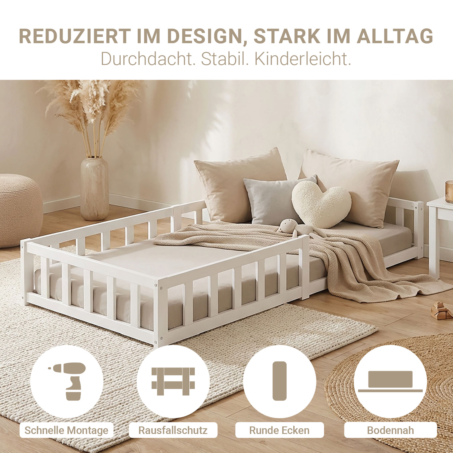 Montessori Crib 90x200 cm White, Includes Mattress & Slatted Base – Floor-Level Crib with Safety Rail Made of Solid Wood