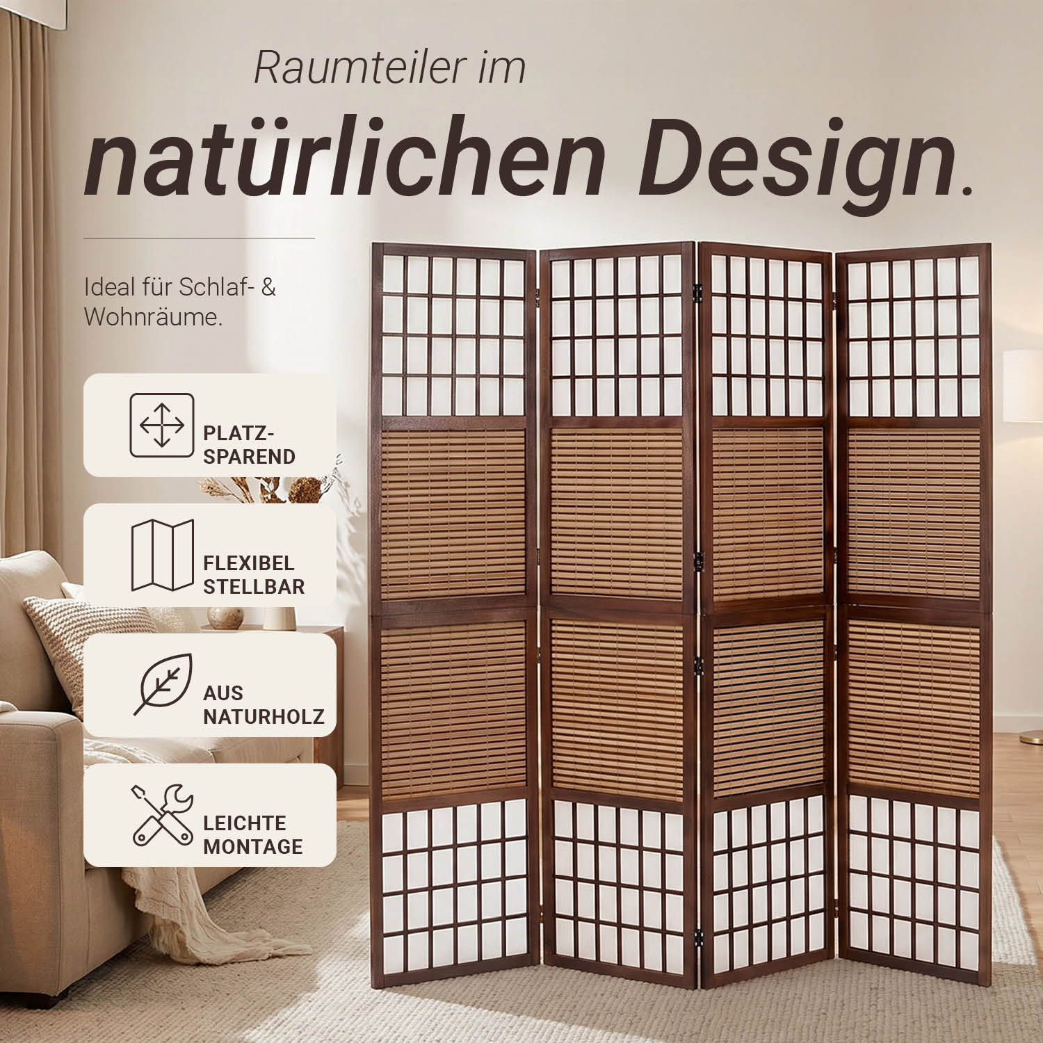 Brown Bamboo & Shoji Screen – 4-panel wooden screen